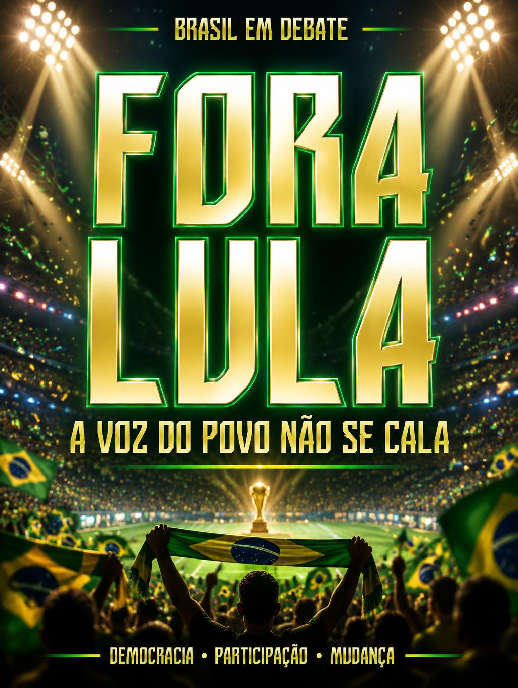 "FORA LULA
BRASIL EM DEBATE
A VOZ DO POVO NÃO SE CALA
DEMOCRACIA • PARTICIPAÇÃO • MUDANÇA" — Sports Football | AI Text Effect Generator