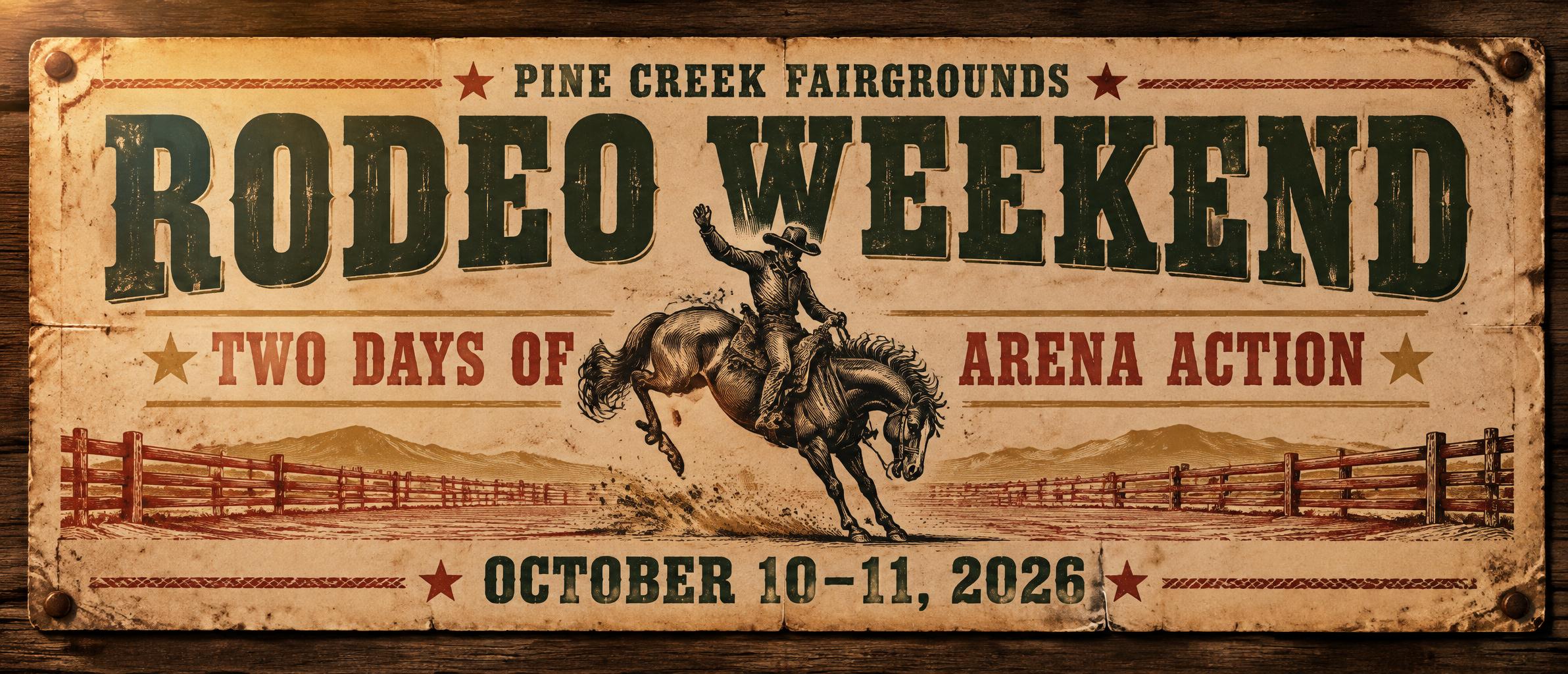 "RODEO WEEKEND
PINE CREEK FAIRGROUNDS
TWO DAYS OF ARENA ACTION
OCTOBER 10–11, 2026" — Vintage | AI Text Effect Generator