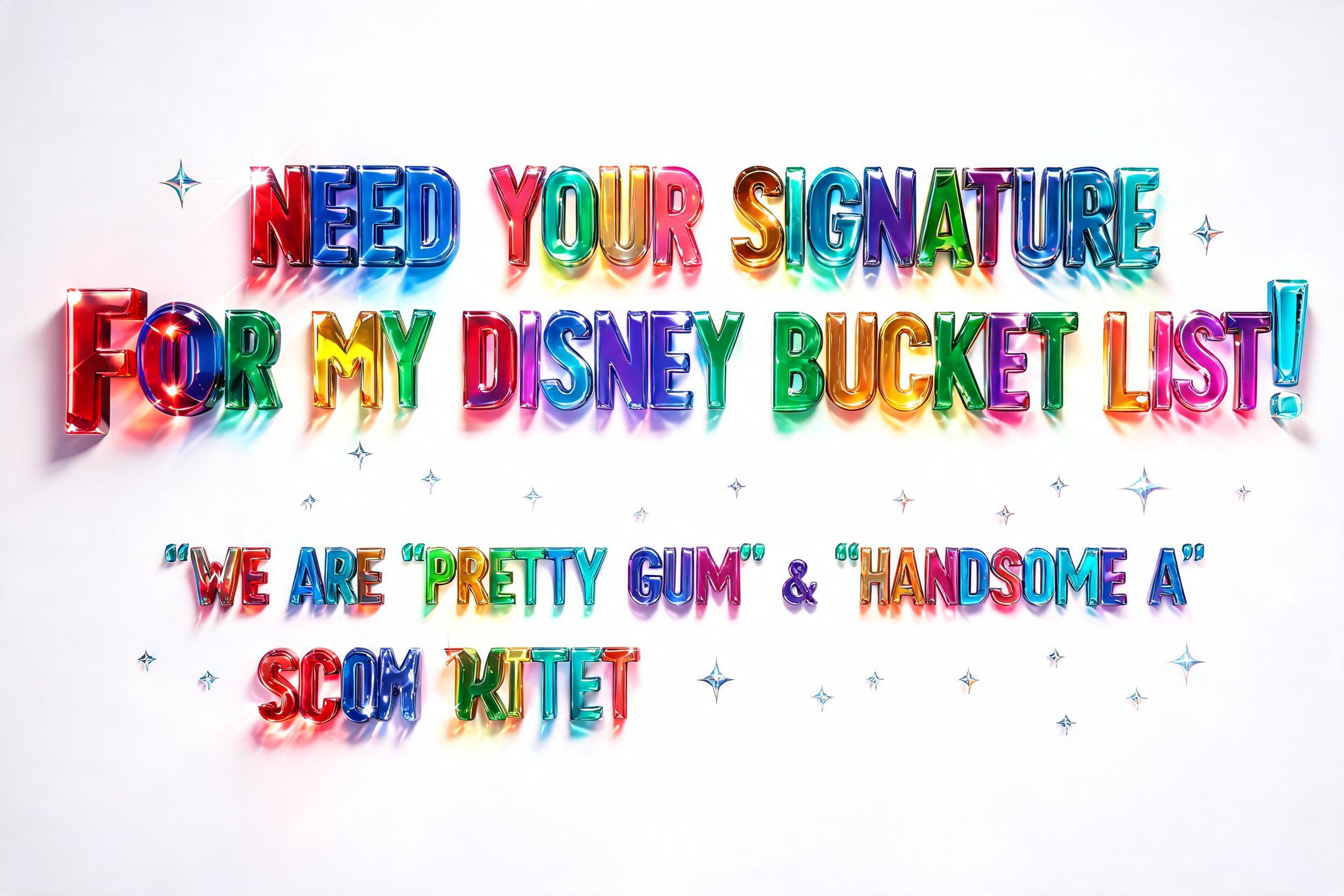 ""NEED YOUR SIGNATURE FOR MY DISNEY BUCKET LIST!" (WE ARE 'PRETTY GUM' & 'HANDSOME A')" — Glass Color text effect