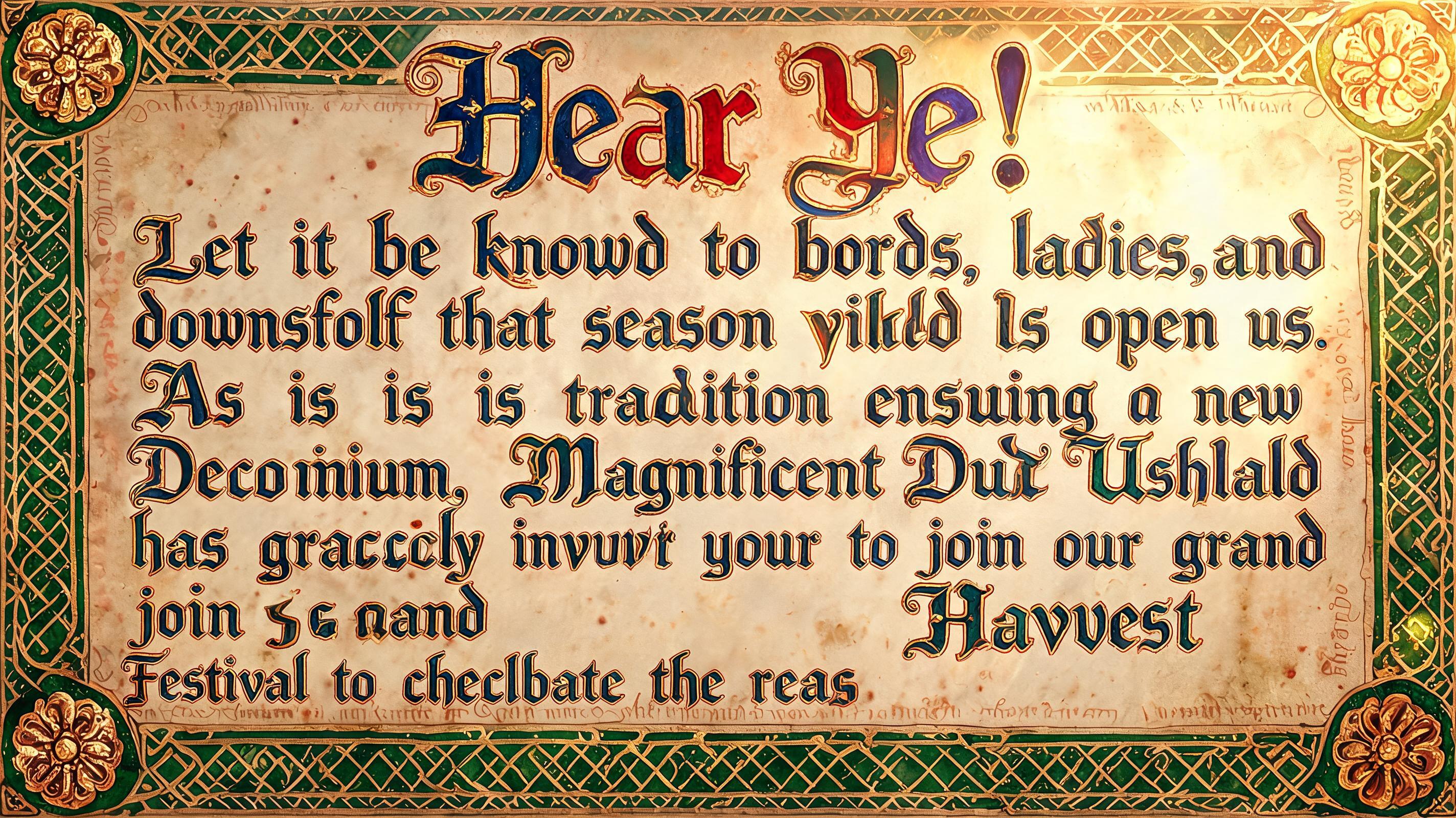 "Hear Ye!
Let it be known to lords,ladies,and townsfolk that the season of yield is upon us.As is tradition ensuing the new Decennium,the most Magnificent Duke Ushtald,has graciously invited you to join our grand Harvest Festival to celebrate the reap" — Medieval | AI Text Effect Generator