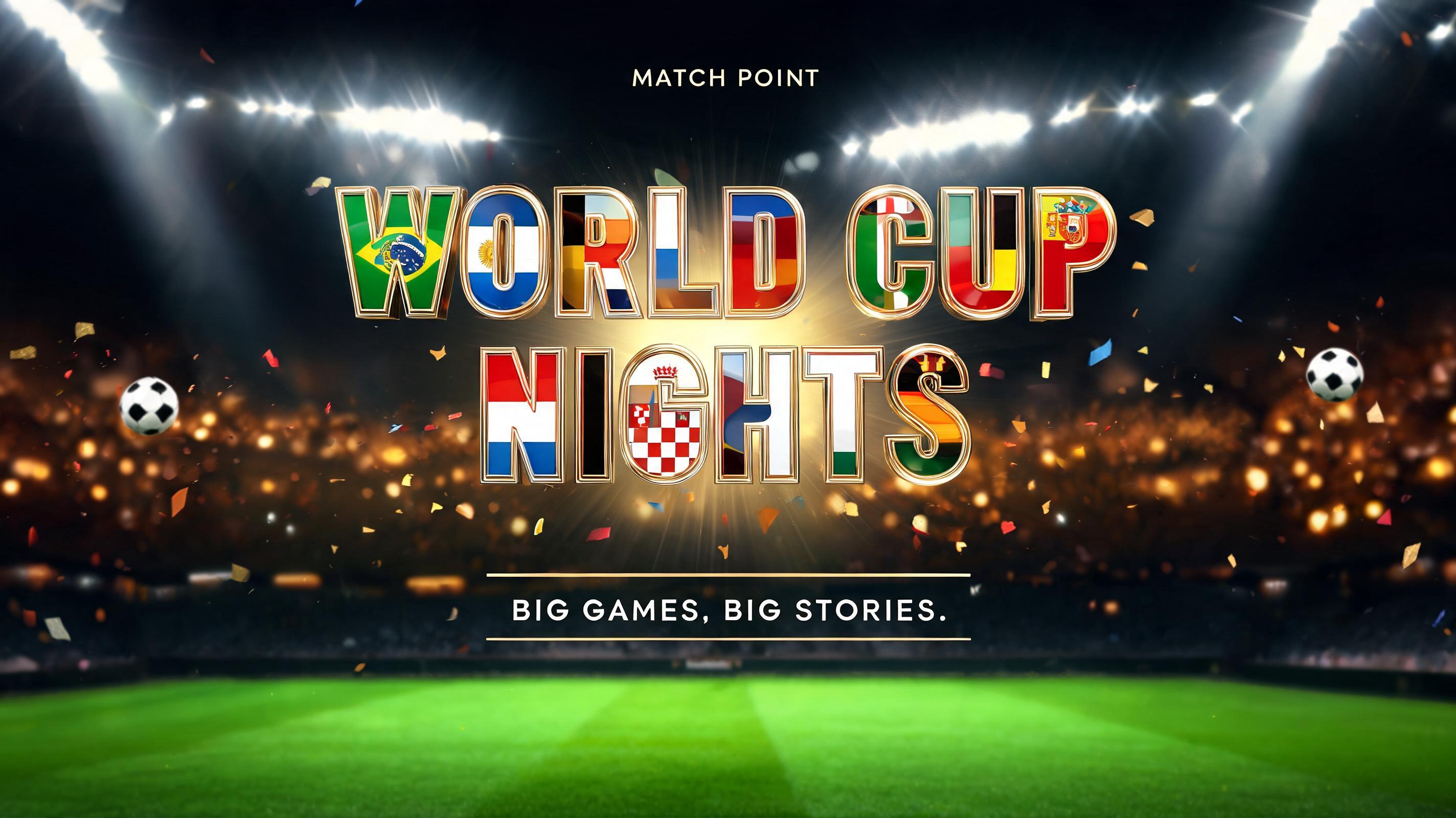 "WORLD CUP
NIGHTS
MATCH POINT
BIG GAMES. BIG STORIES." — Sports Football | AI Text Effect Generator