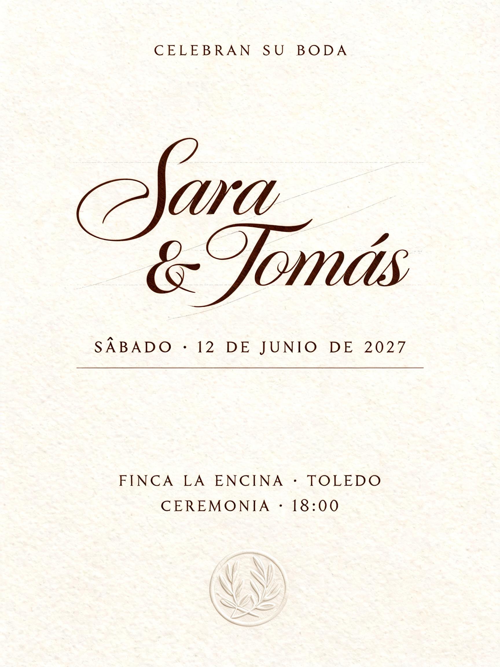 "Sara & Tomás
CELEBRAN SU BODA
SÁBADO · 12 DE JUNIO DE 2027
FINCA LA ENCINA · TOLEDO
CEREMONIA · 18:00" — Cursive Calligraphy | AI Text Effect Generator
