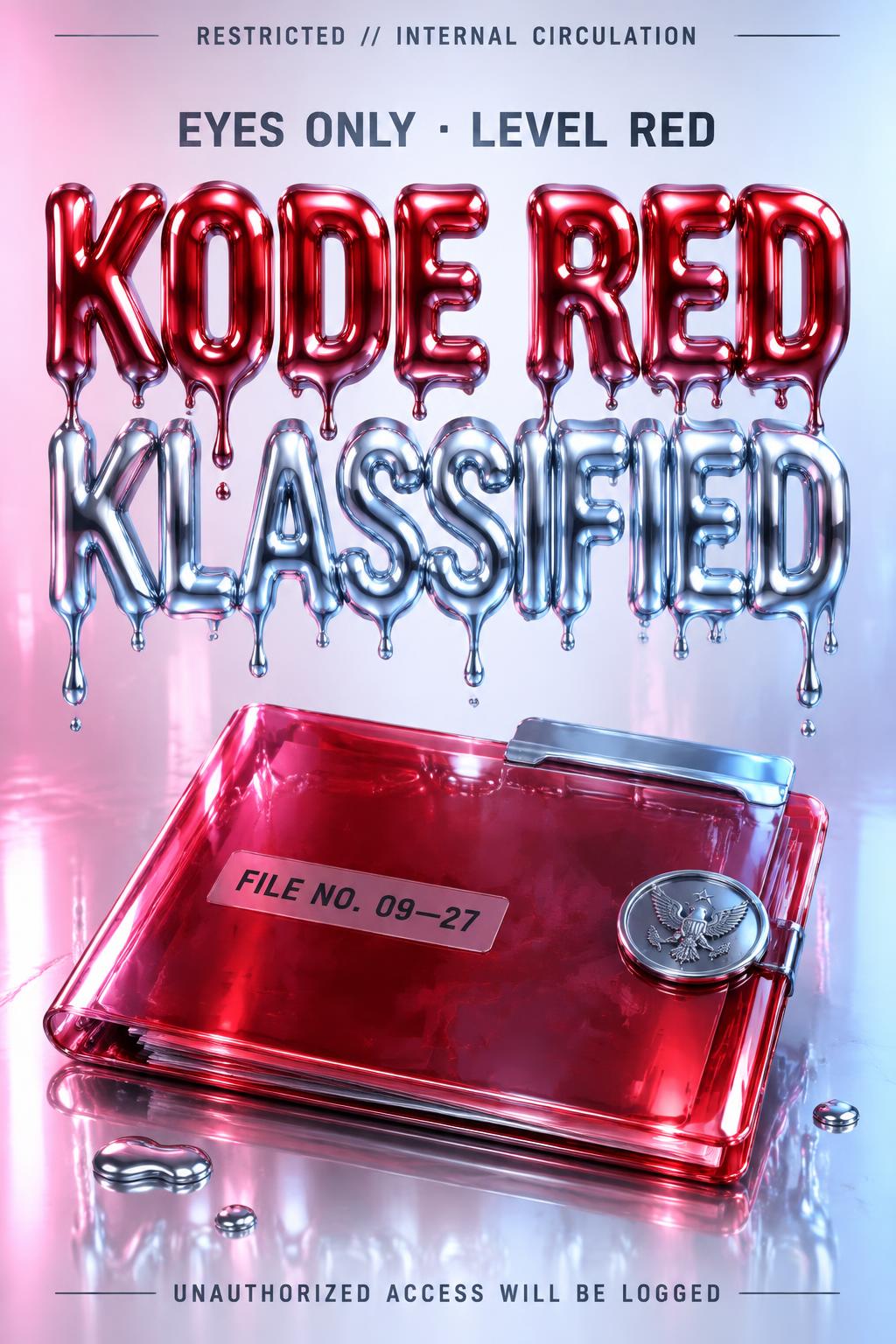 "KODE RED
KLASSIFIED
EYES ONLY · LEVEL RED
FILE NO. 09—27
UNAUTHORIZED ACCESS WILL BE LOGGED
RESTRICTED // INTERNAL CIRCULATION" — Y2k Liquid text effect