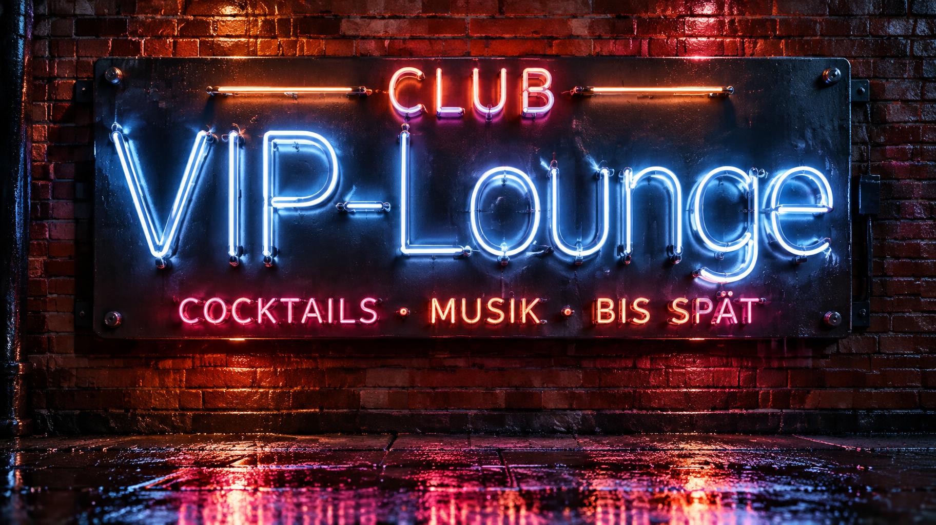 "VIP-Lounge
CLUB
COCKTAILS · MUSIK · BIS SPÄT" — Neon Sign | AI Text Effect Generator