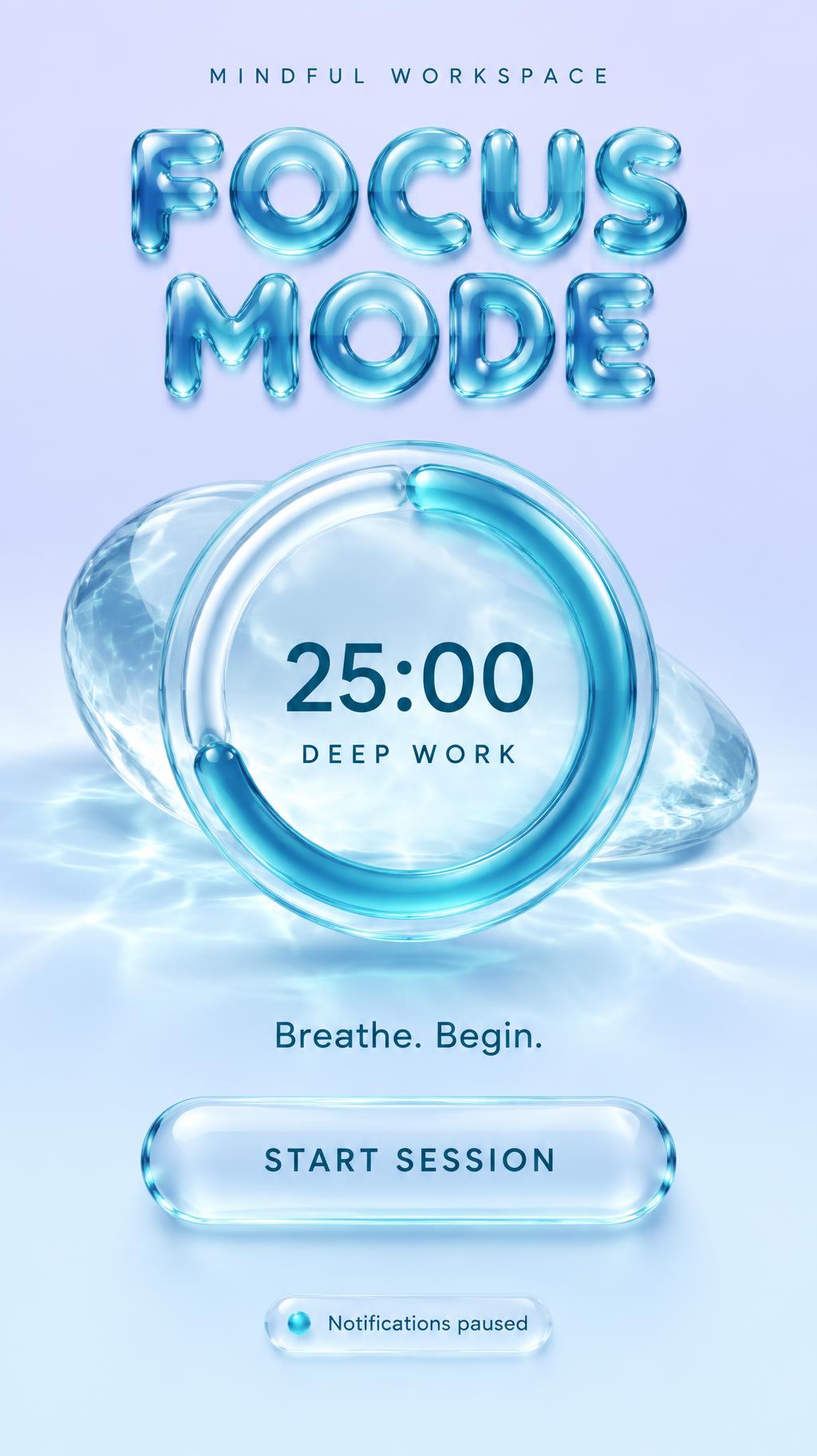 FOCUS
MODE
MINDFUL WORKSPACE
25:00
DEEP WORK
Breathe. Begin.
START SESSION
Notifications paused
