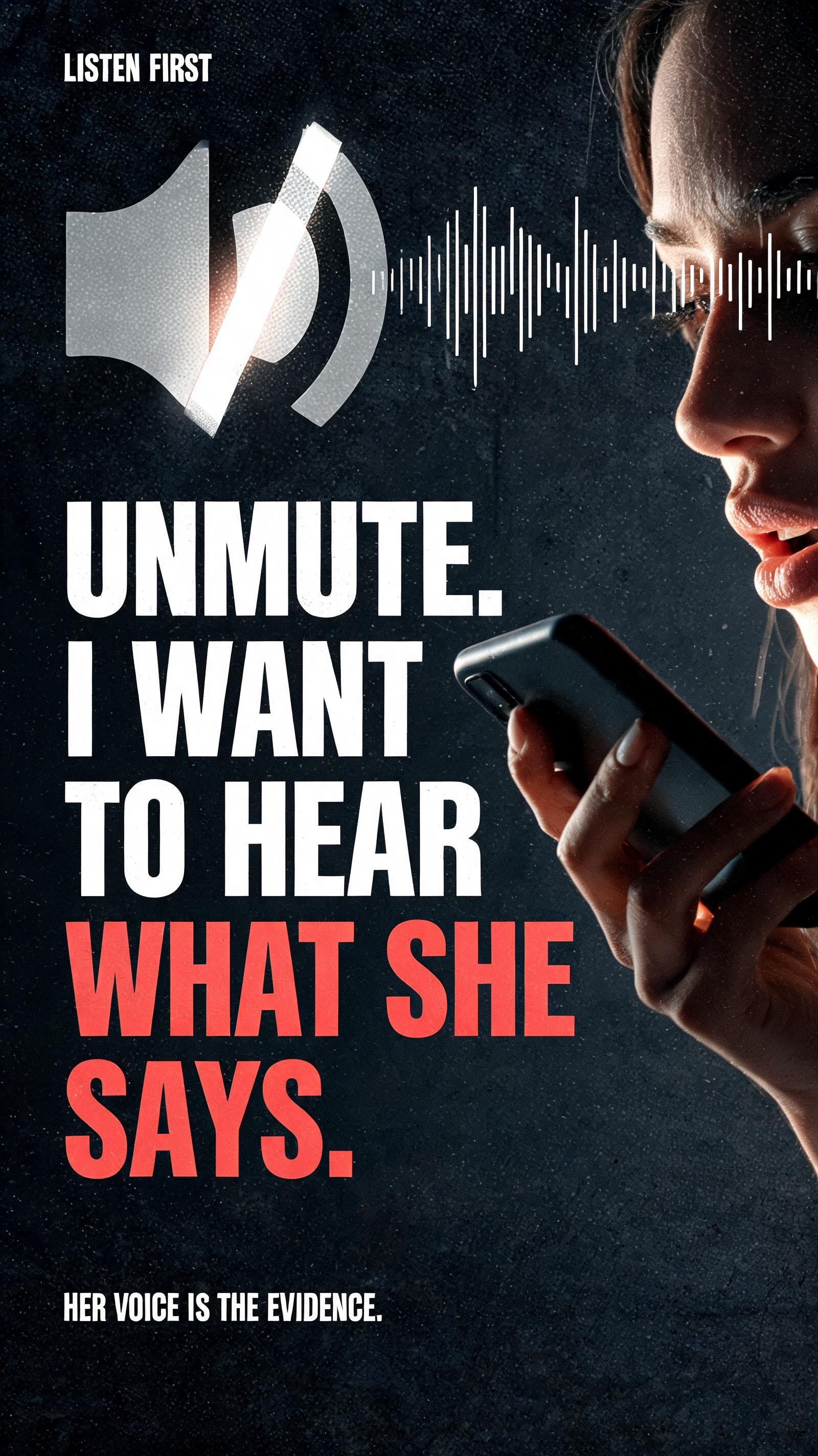 "UNMUTE.
I WANT TO HEAR
WHAT SHE SAYS.
LISTEN FIRST
HER VOICE IS THE EVIDENCE." — Post Apocalyptic text effect