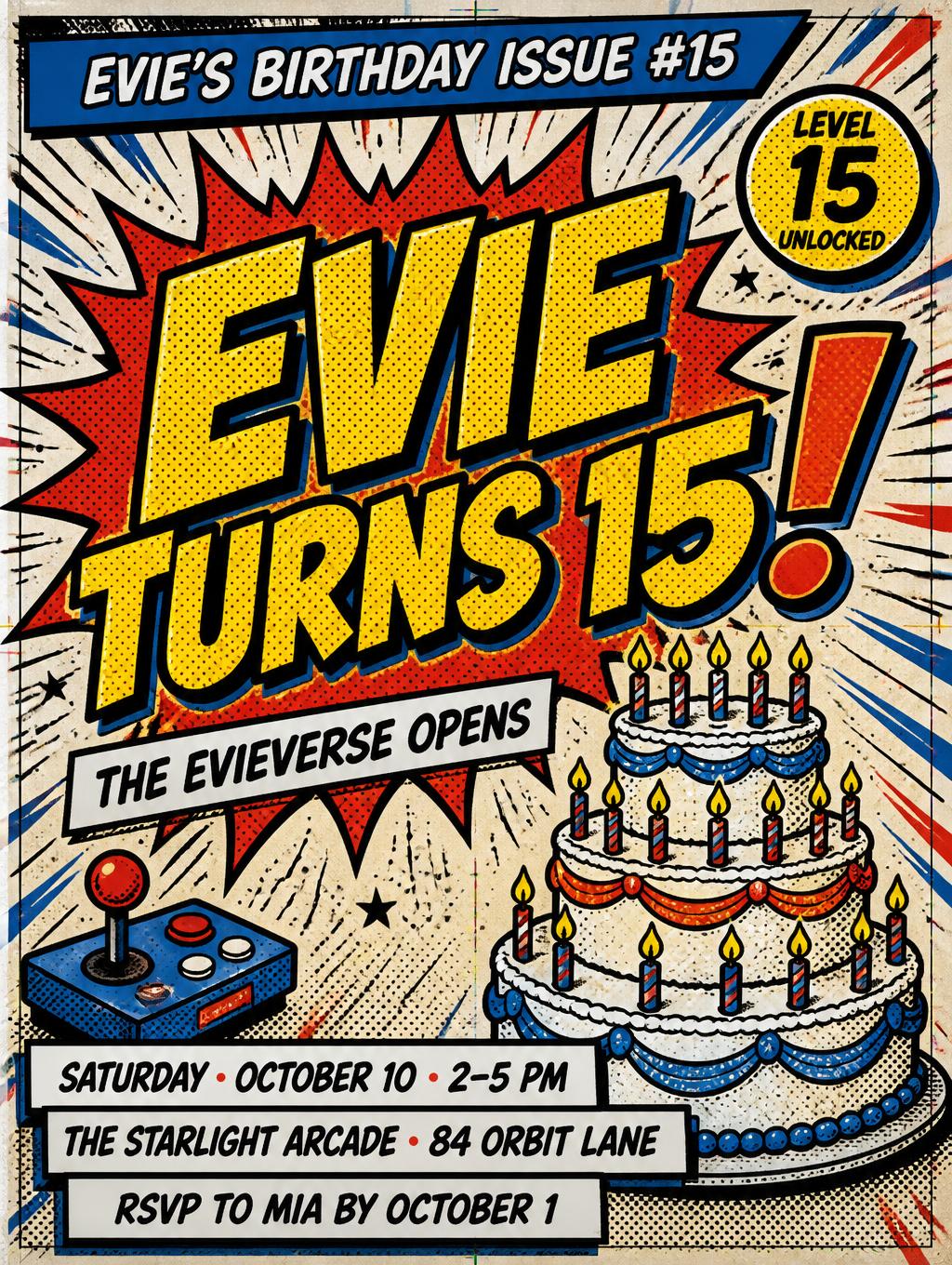 EVIE’S BIRTHDAY ISSUE #15
EVIE
TURNS 15!
THE EVIEVERSE OPENS
SATURDAY · OCTOBER 10 · 2–5 PM
THE STARLIGHT ARCADE · 84 ORBIT LANE
RSVP TO MIA BY OCTOBER 1
LEVEL 15 UNLOCKED