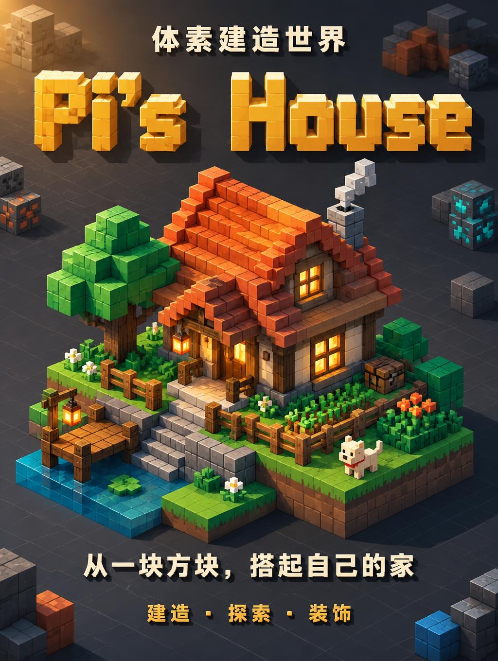 "Pi's  House
从一块方块，搭起自己的家
体素建造世界
建造 · 探索 · 装饰" — Pixel Art | AI Text Effect Generator