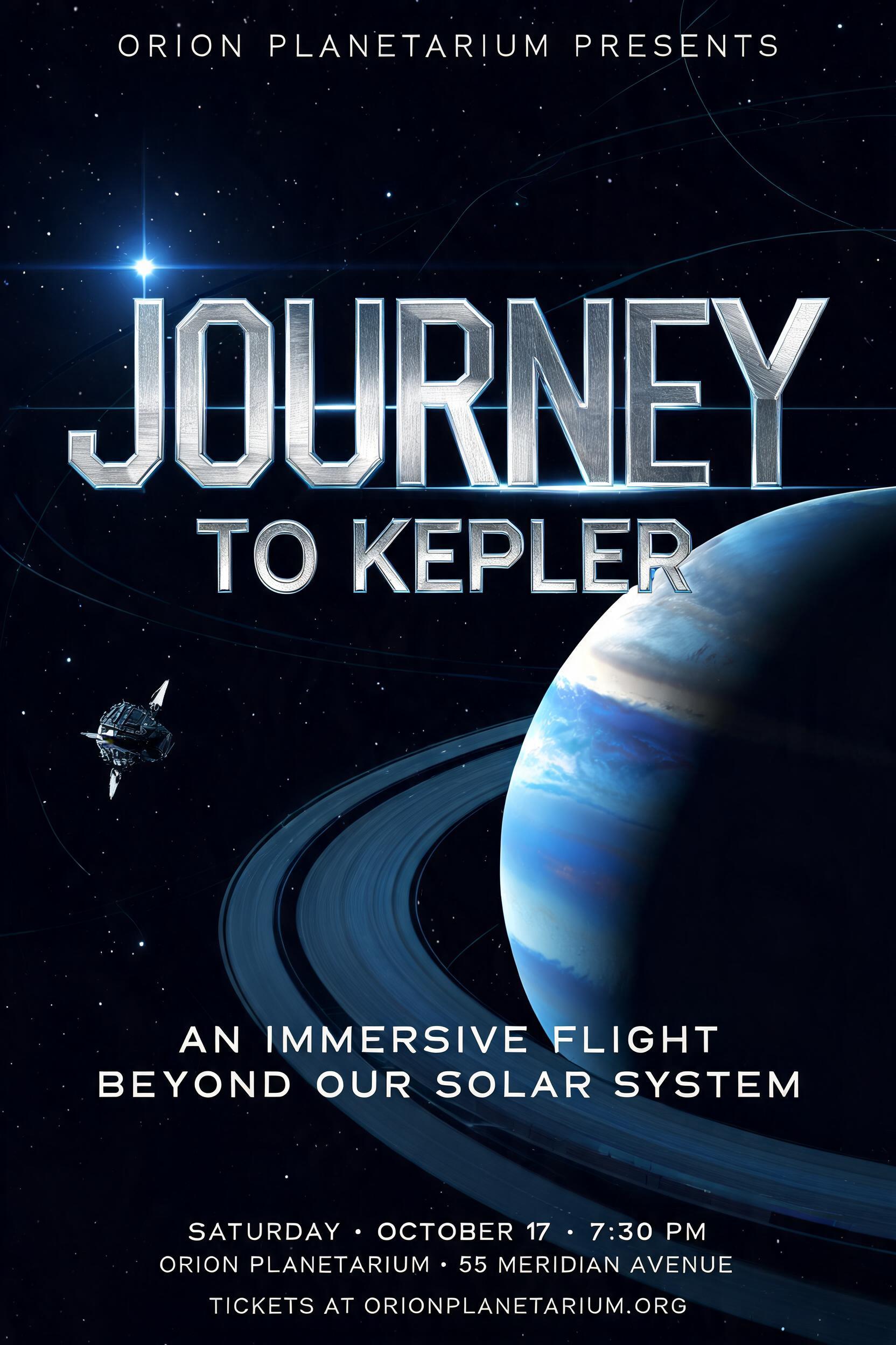 "ORION PLANETARIUM PRESENTS
JOURNEY
TO KEPLER
AN IMMERSIVE FLIGHT BEYOND OUR SOLAR SYSTEM
SATURDAY · OCTOBER 17 · 7:30 PM
ORION PLANETARIUM · 55 MERIDIAN AVENUE
TICKETS AT ORIONPLANETARIUM.ORG" — Cinematic Scifi text effect