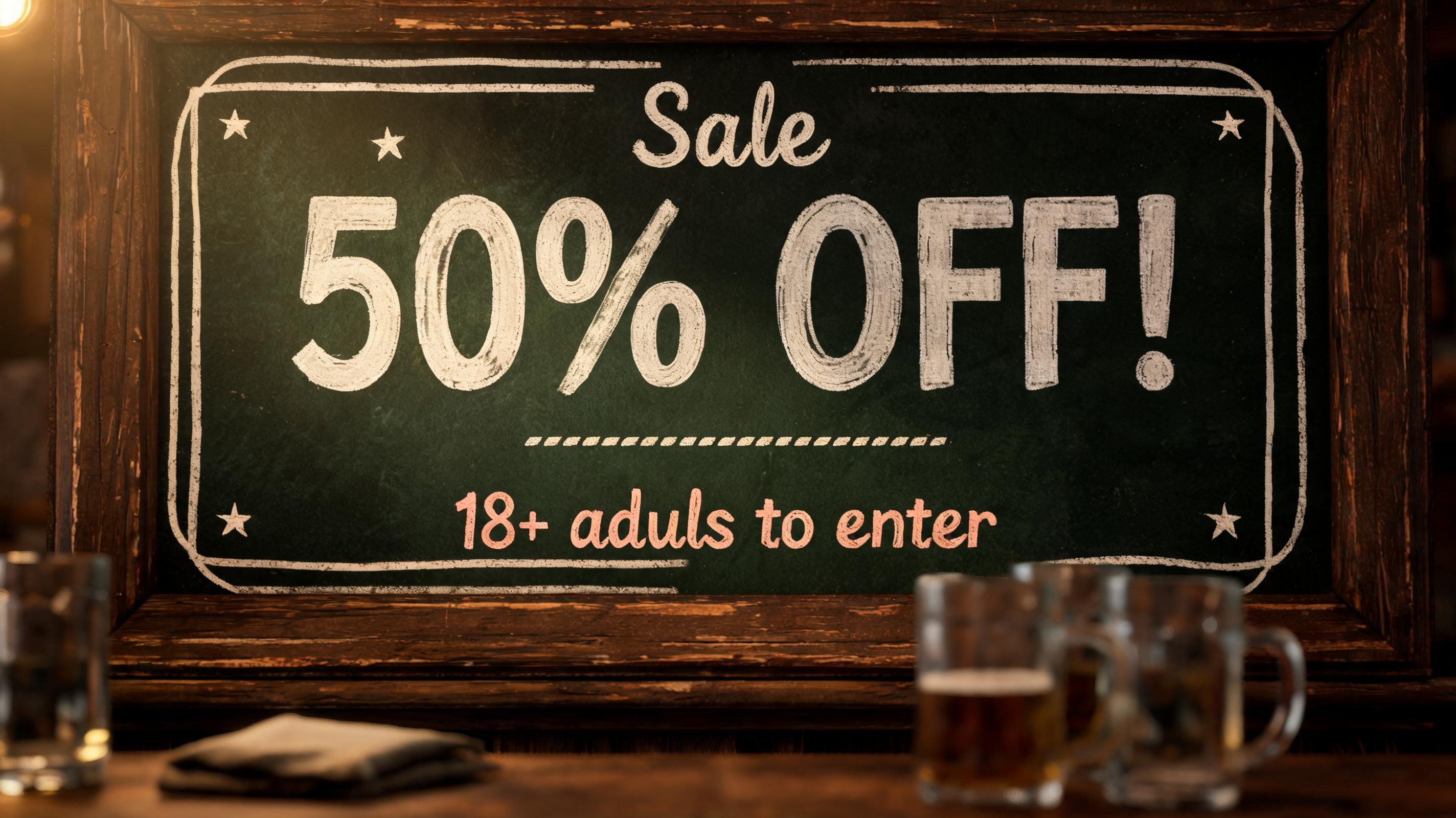 "Sale 50% off! 18+ adults to enter" — Chalk text effect