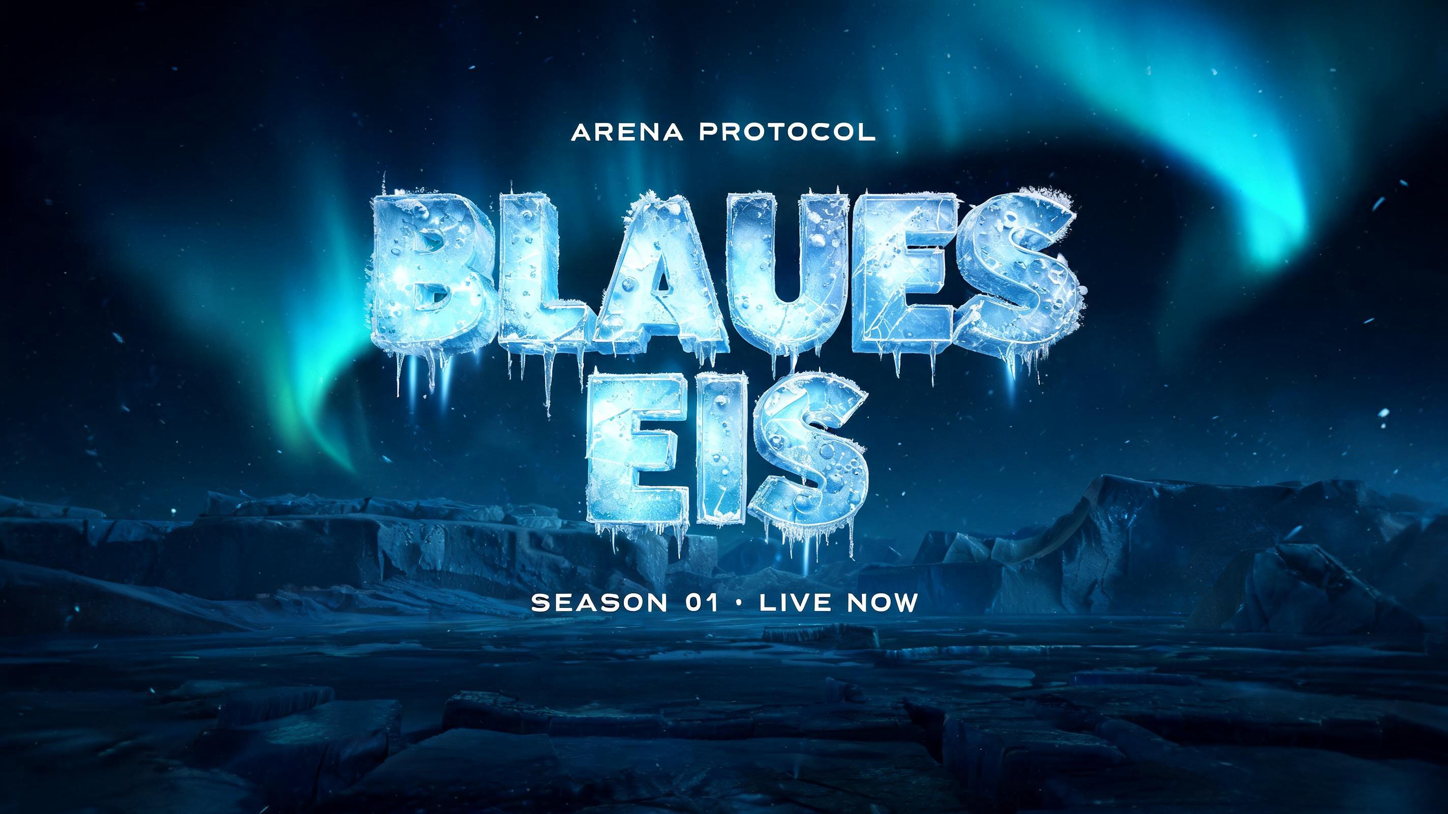 "BLAUES
EIS
ARENA PROTOCOL
SEASON 01 · LIVE NOW" — Glass Frozen | AI Text Effect Generator