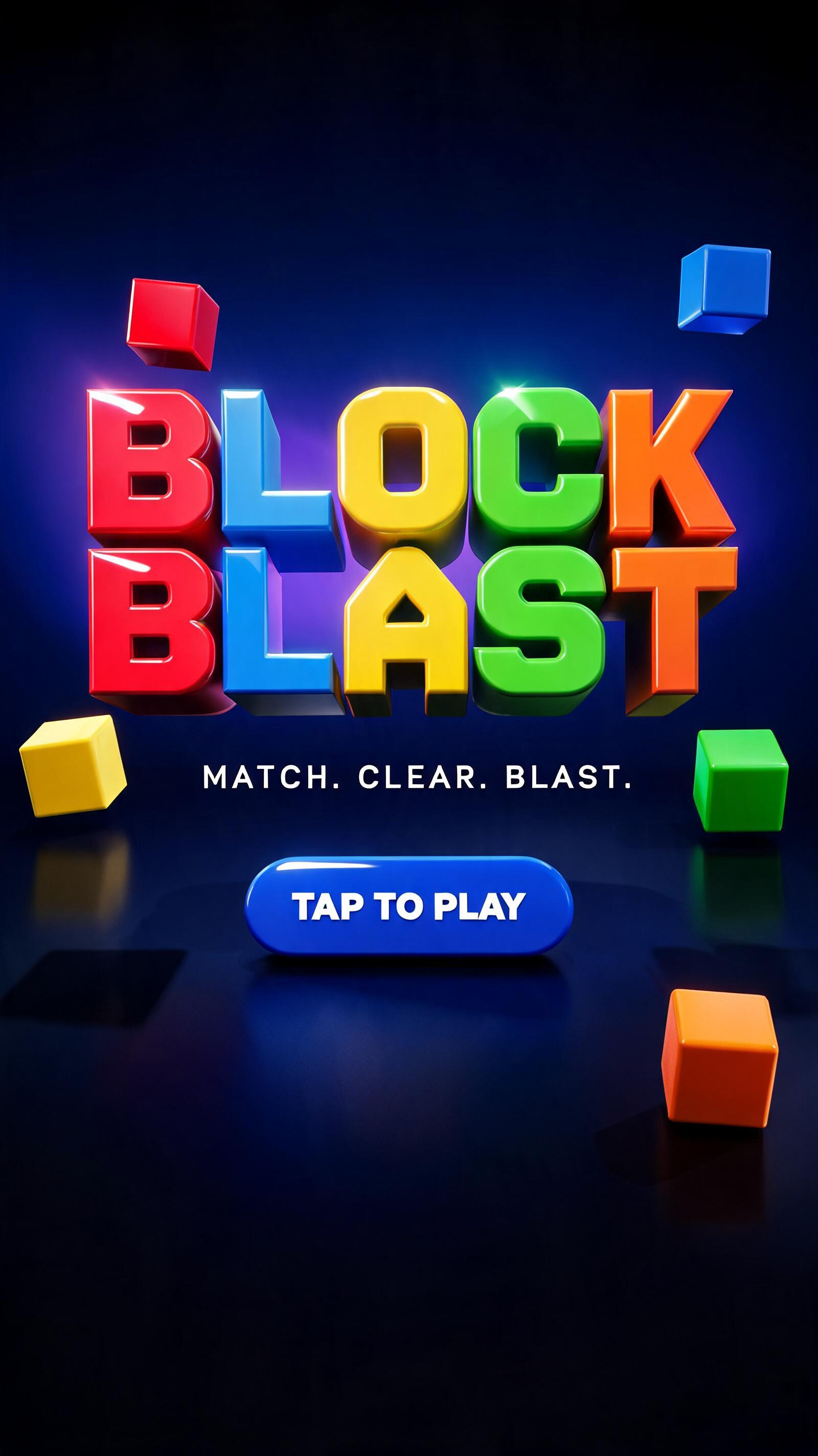 "BLOCK
BLAST
MATCH. CLEAR. BLAST.
TAP TO PLAY" — 3d Bold | AI Text Effect Generator