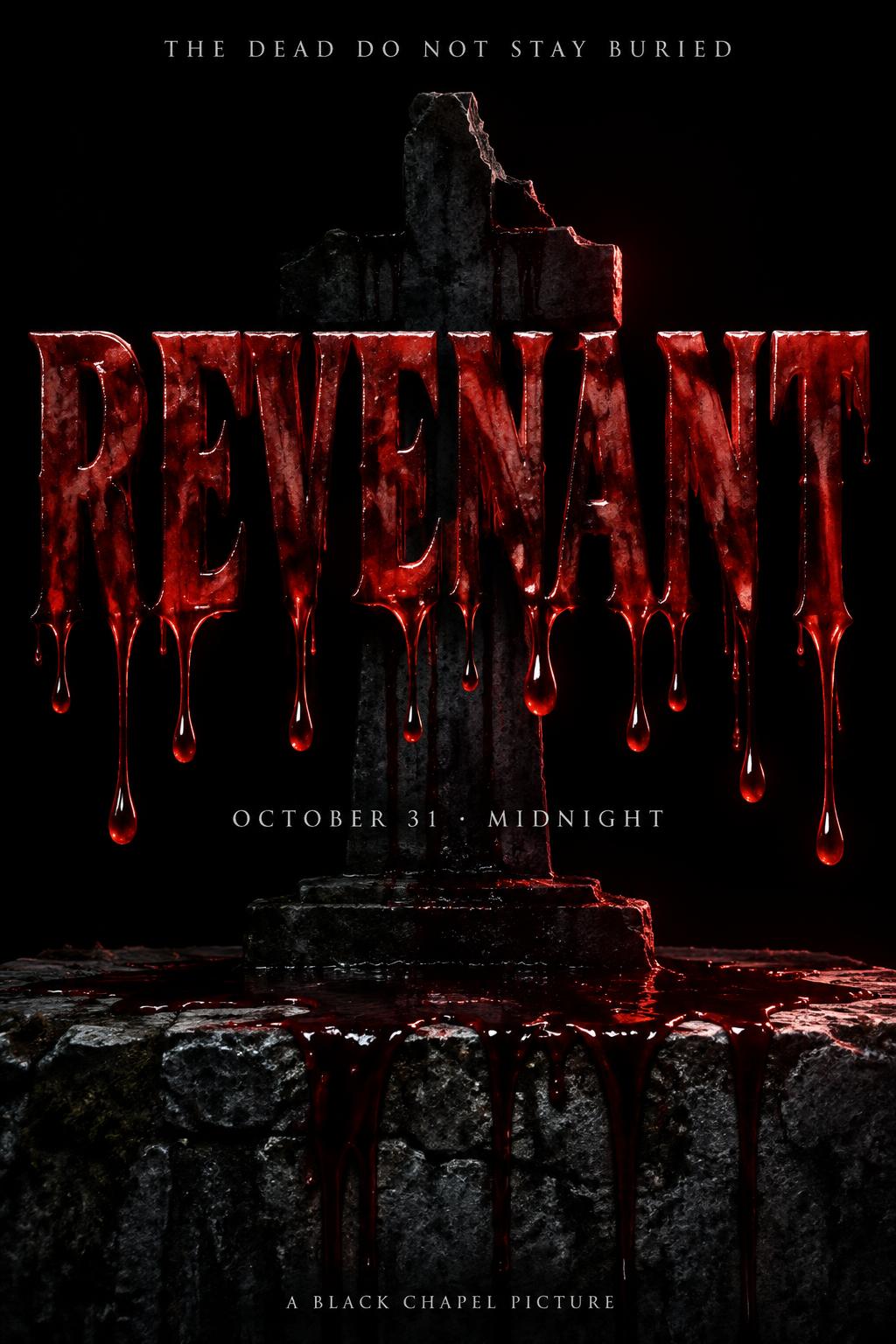 "REVENANT
THE DEAD DO NOT STAY BURIED
OCTOBER 31 · MIDNIGHT
A BLACK CHAPEL PICTURE" — Drip Font Blood | AI Text Effect Generator