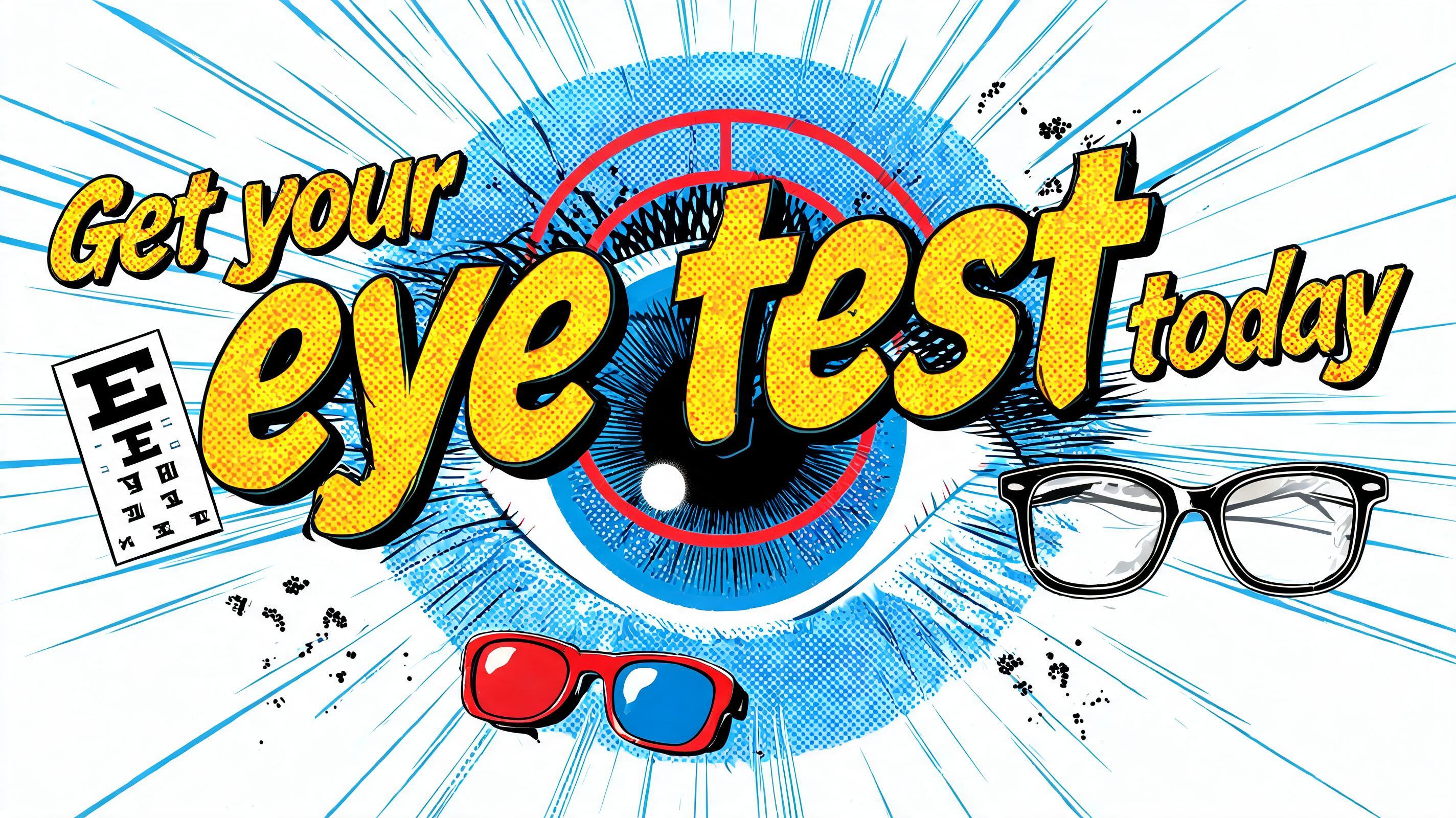 "Get your eye test today" — Comic Book text effect