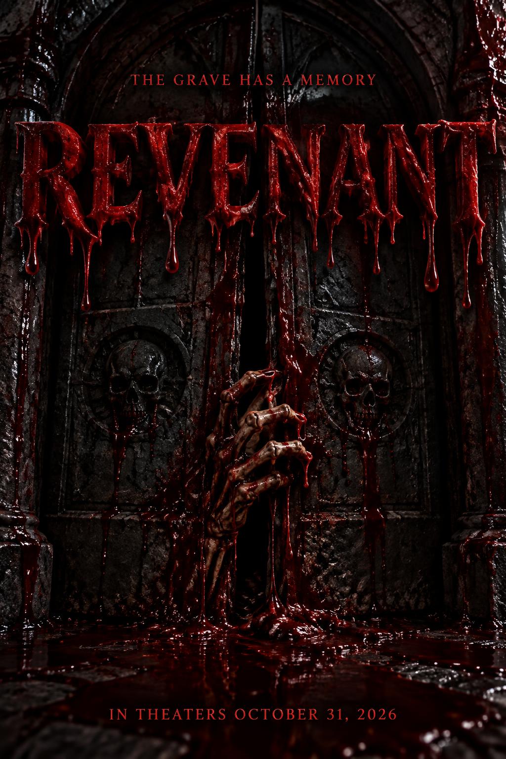 "REVENANT
THE GRAVE HAS A MEMORY
IN THEATERS OCTOBER 31, 2026" — Drip Font Blood | AI Text Effect Generator