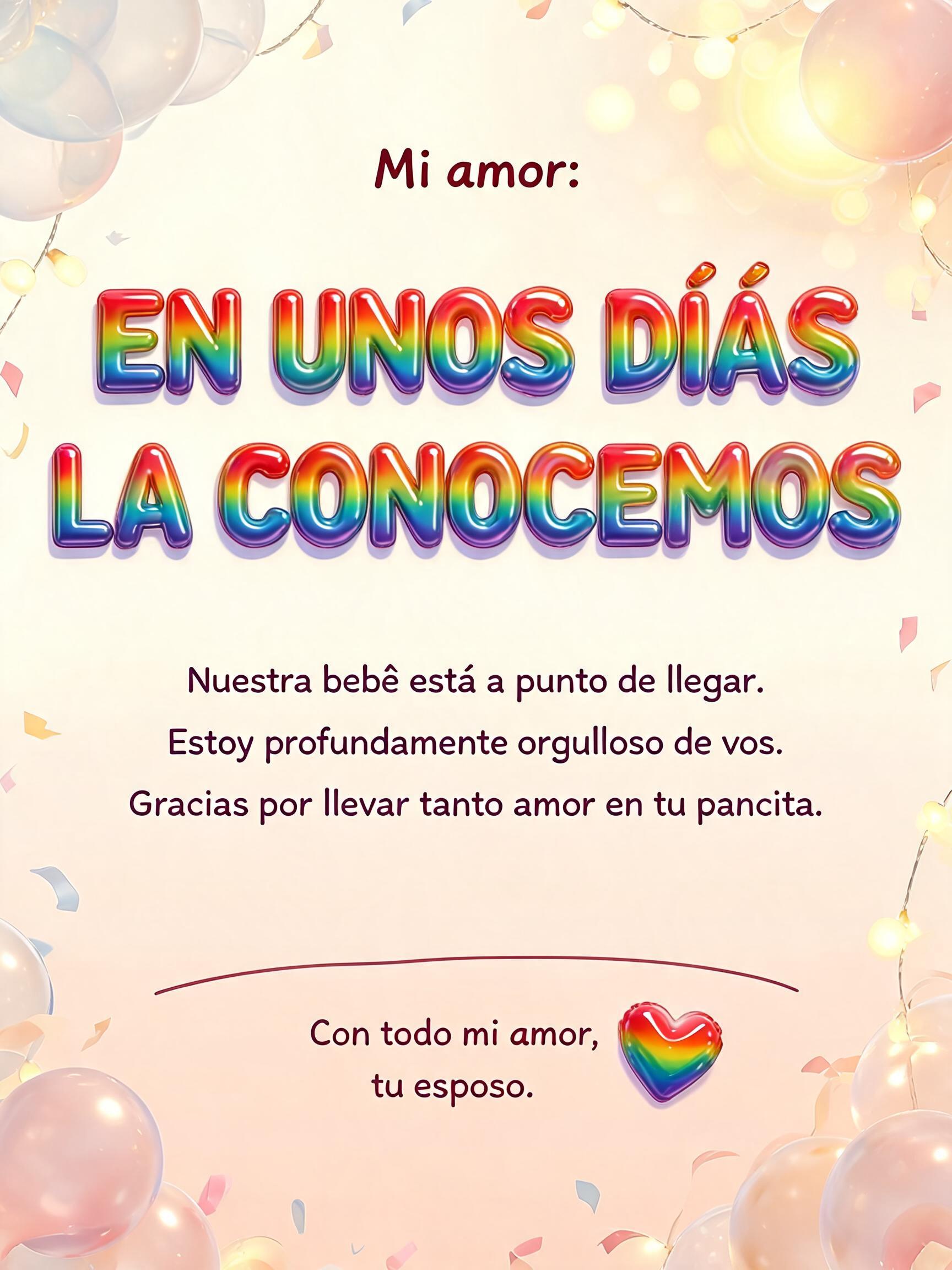 "Mi amor:
EN UNOS DÍAS
LA CONOCEMOS
Nuestra bebé está a punto de llegar.
Estoy profundamente orgulloso de vos.
Gracias por llevar tanto amor en tu pancita.
Con todo mi amor, tu esposo." — Rainbow | AI Text Effect Generator