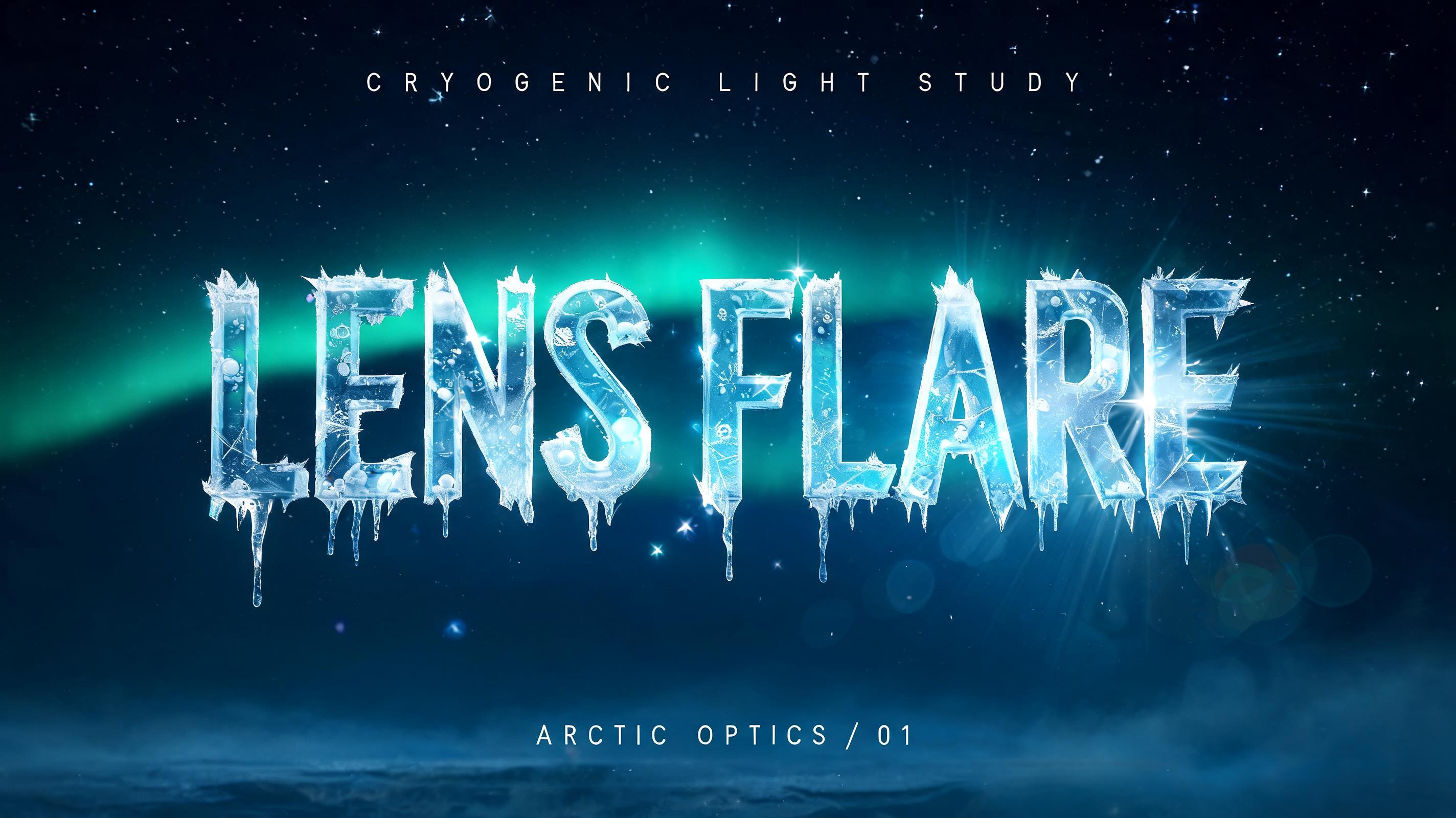 "LENS FLARE
CRYOGENIC LIGHT STUDY
ARCTIC OPTICS / 01" — Glass Frozen | AI Text Effect Generator
