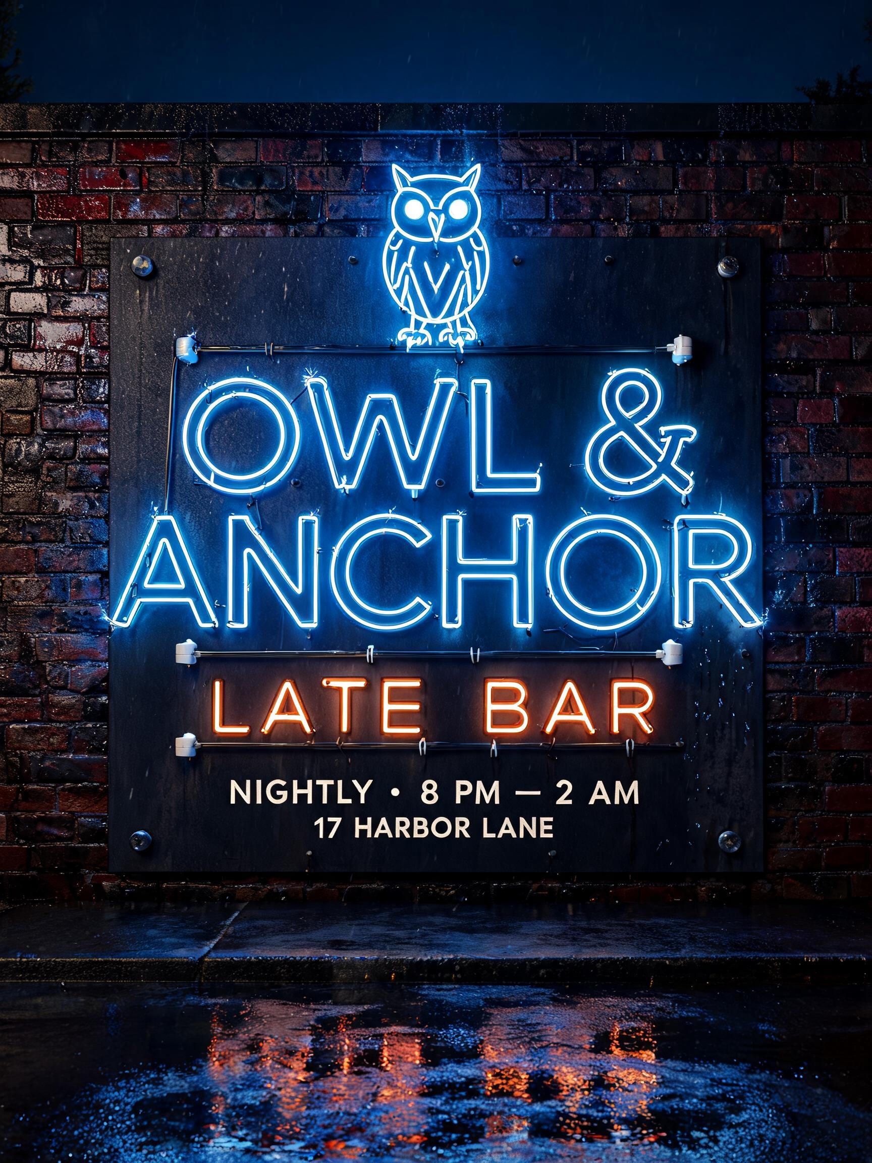 "I need a neon wordmark for my late bar Owl & Anchor" — Neon Sign | AI Text Effect Generator