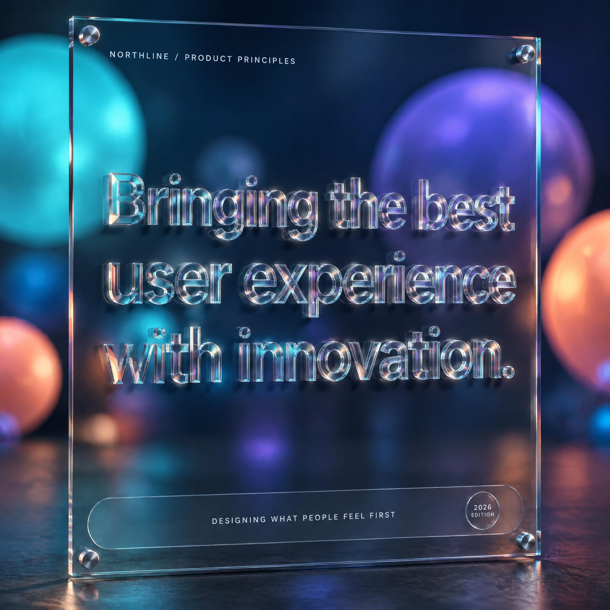 "Bringing the best
user experience
with innovation.
NORTHLINE / PRODUCT PRINCIPLES
DESIGNING WHAT PEOPLE FEEL FIRST
2026 EDITION" — Glass Morphism | AI Text Effect Generator