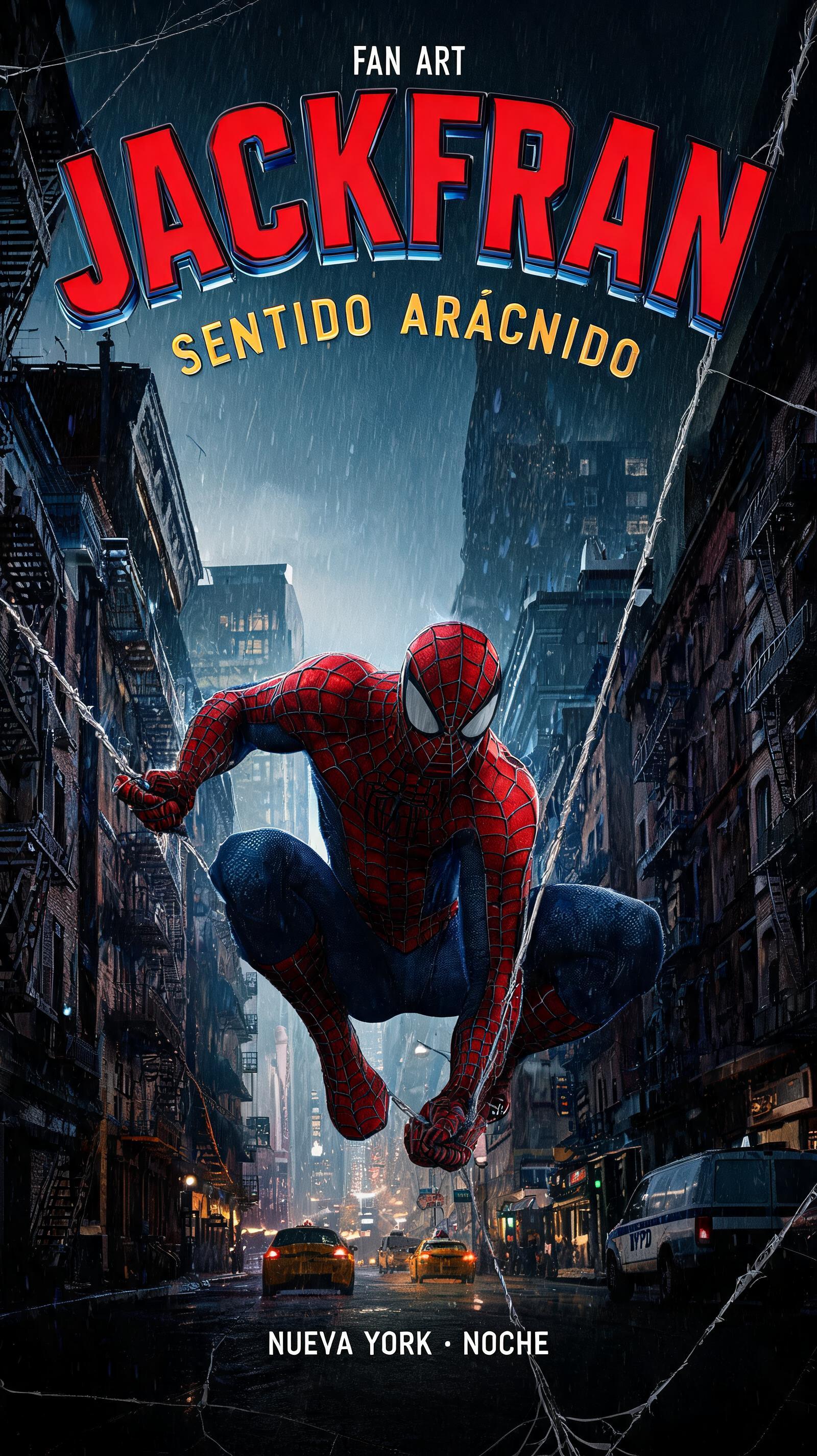 "JACKFRAN
SENTIDO ARÁCNIDO
FAN ART
NUEVA YORK · NOCHE" — Spider Hero | AI Text Effect Generator