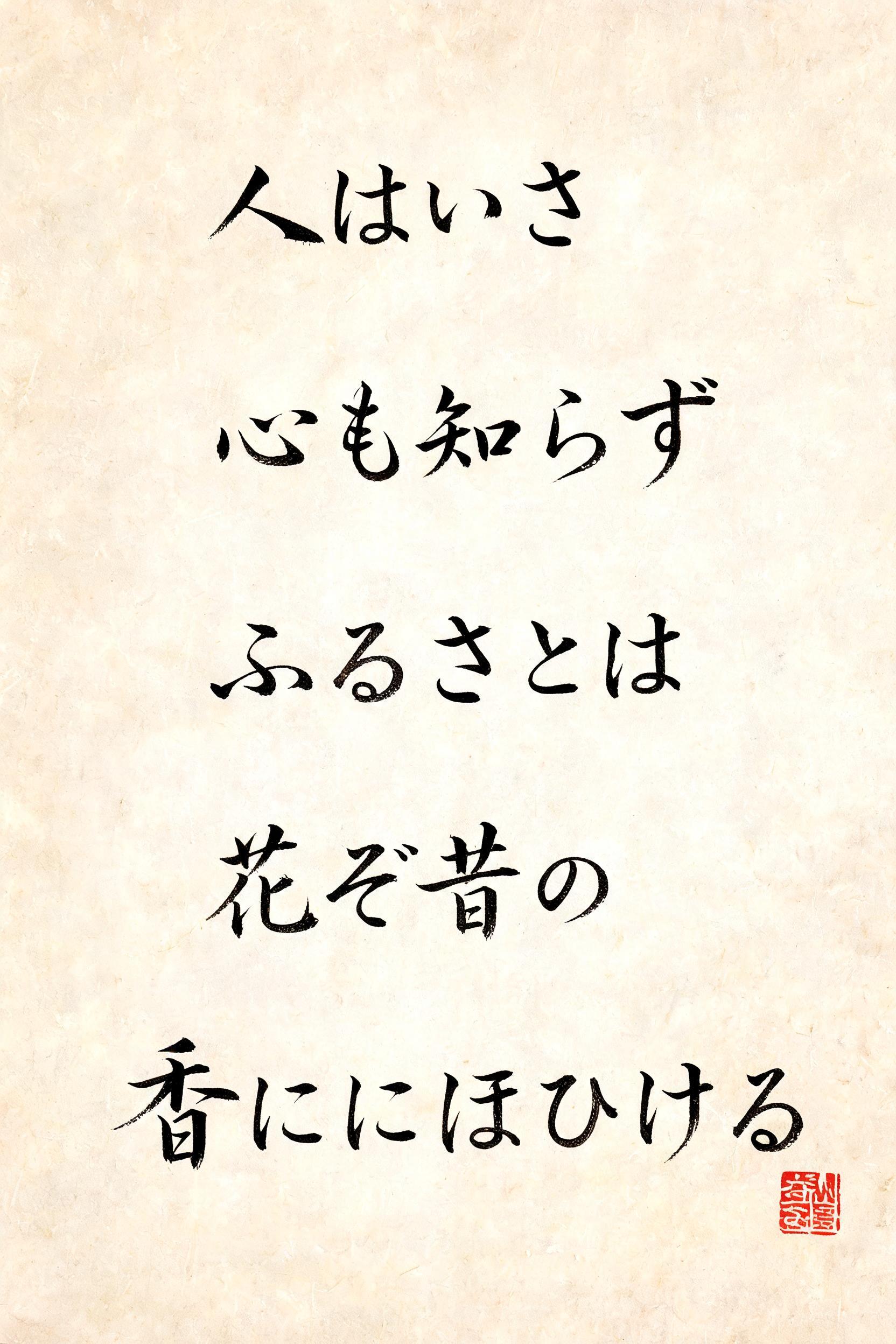 "人はいさ
心も知らず
ふるさとは
花ぞ昔の
香ににほひける" — Brush Japanese Ink | AI Text Effect Generator