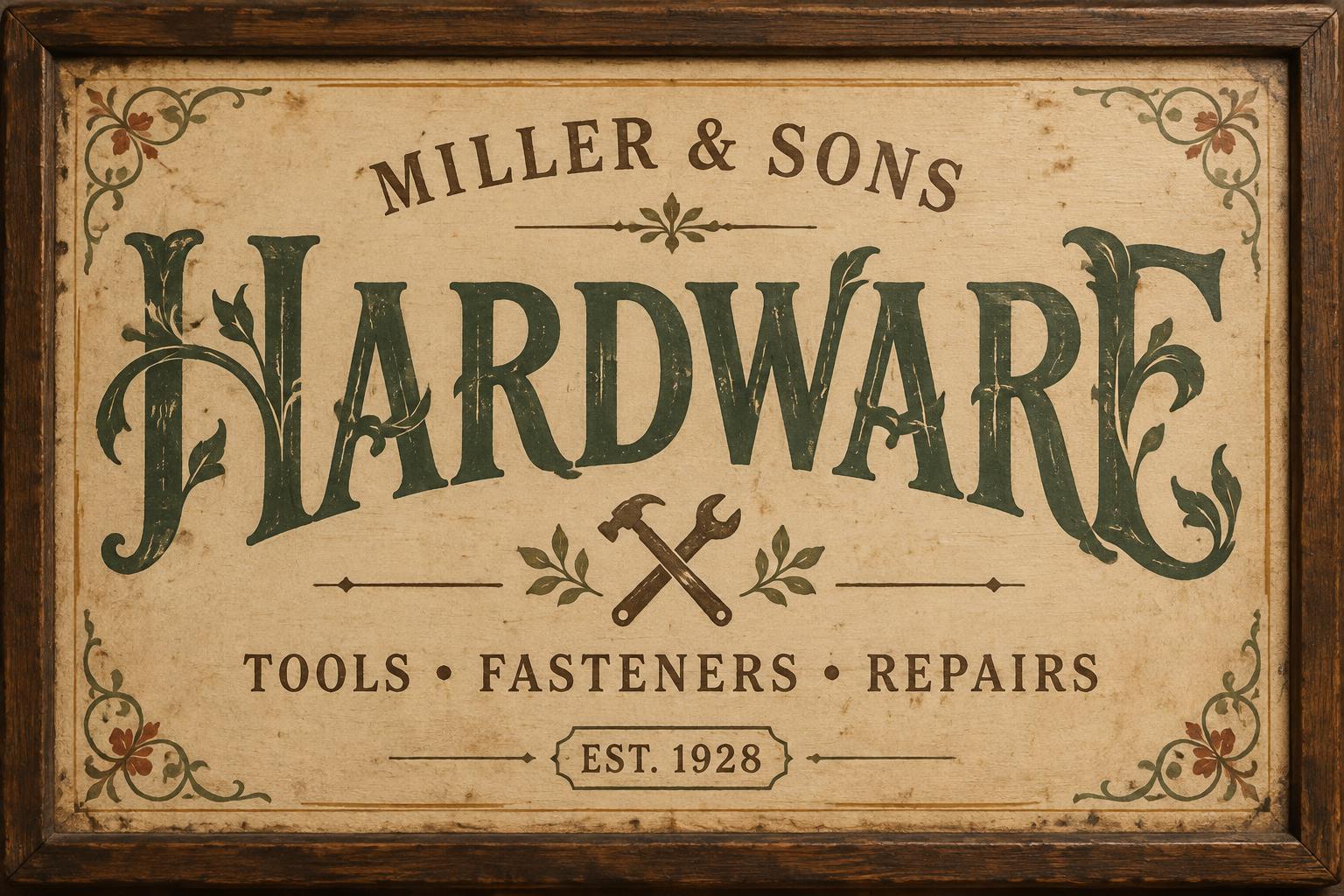 "HARDWARE
MILLER & SONS
TOOLS • FASTENERS • REPAIRS
EST. 1928" — Vintage | AI Text Effect Generator