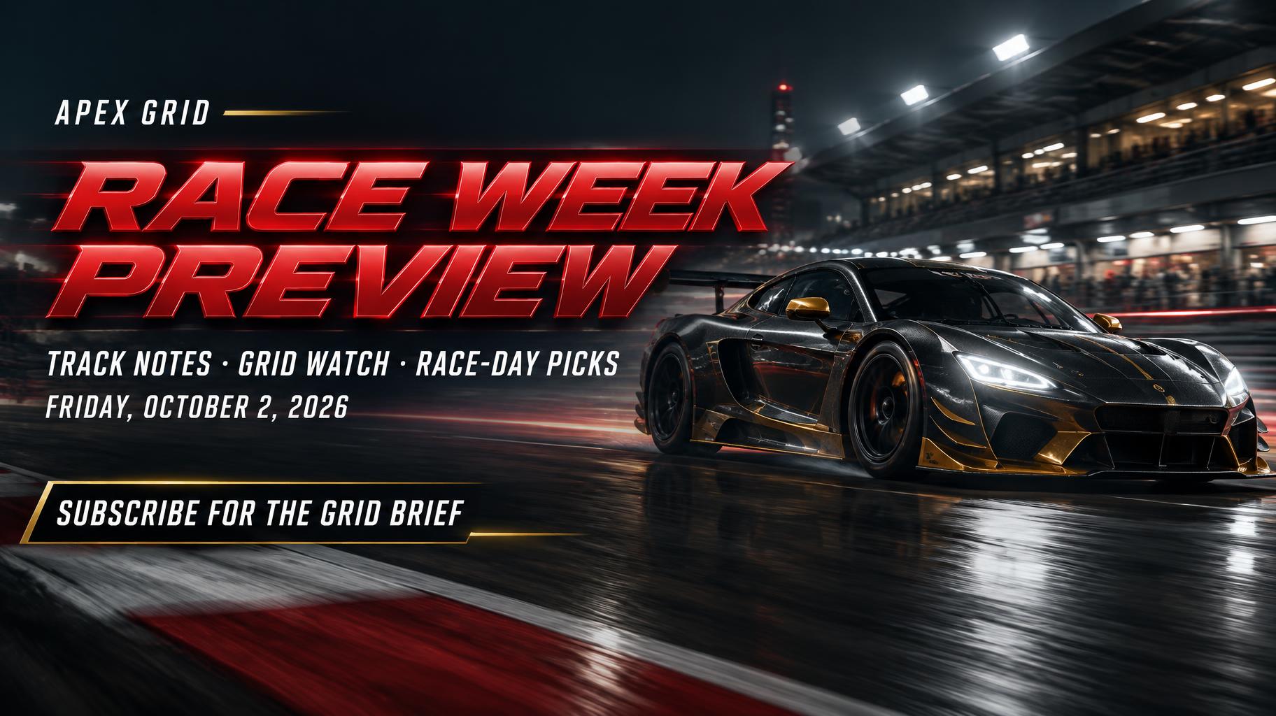 "RACE WEEK PREVIEW
TRACK NOTES · GRID WATCH · RACE-DAY PICKS
FRIDAY, OCTOBER 2, 2026
SUBSCRIBE FOR THE GRID BRIEF
APEX GRID" — Racing | AI Text Effect Generator