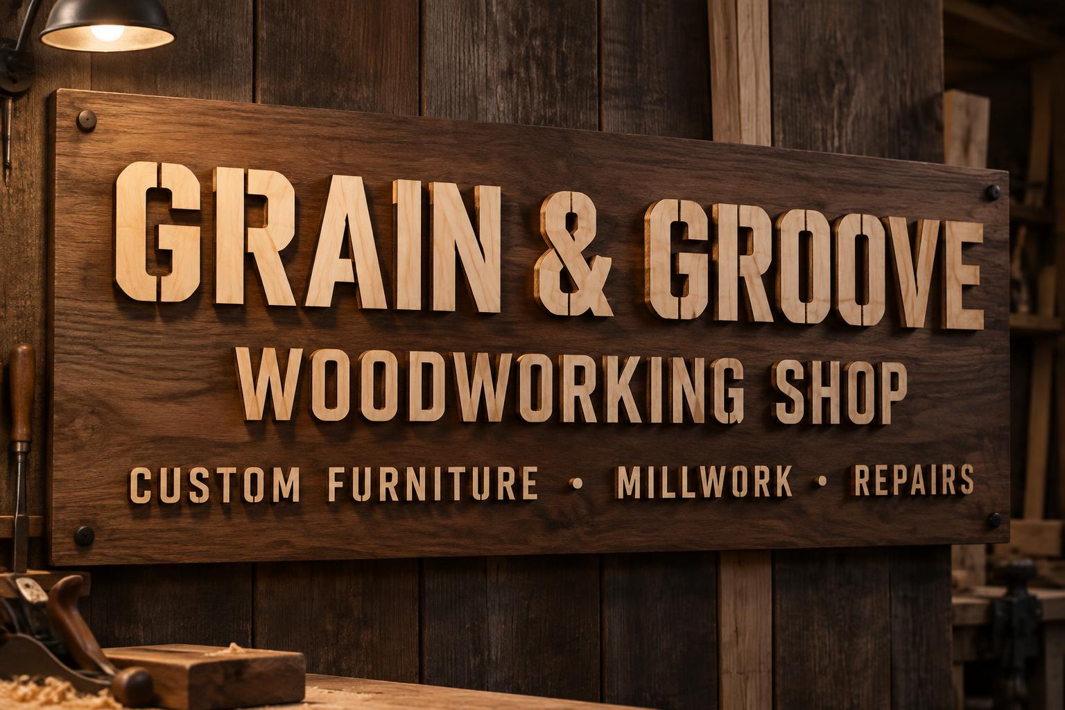 "GRAIN & GROOVE
WOODWORKING SHOP
CUSTOM FURNITURE · MILLWORK · REPAIRS" — Laser Cut | AI Text Effect Generator