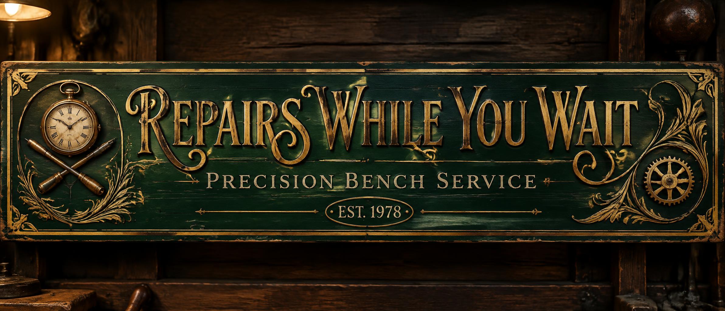 "REPAIRS WHILE YOU WAIT
PRECISION BENCH SERVICE
EST. 1978" — Vintage | AI Text Effect Generator