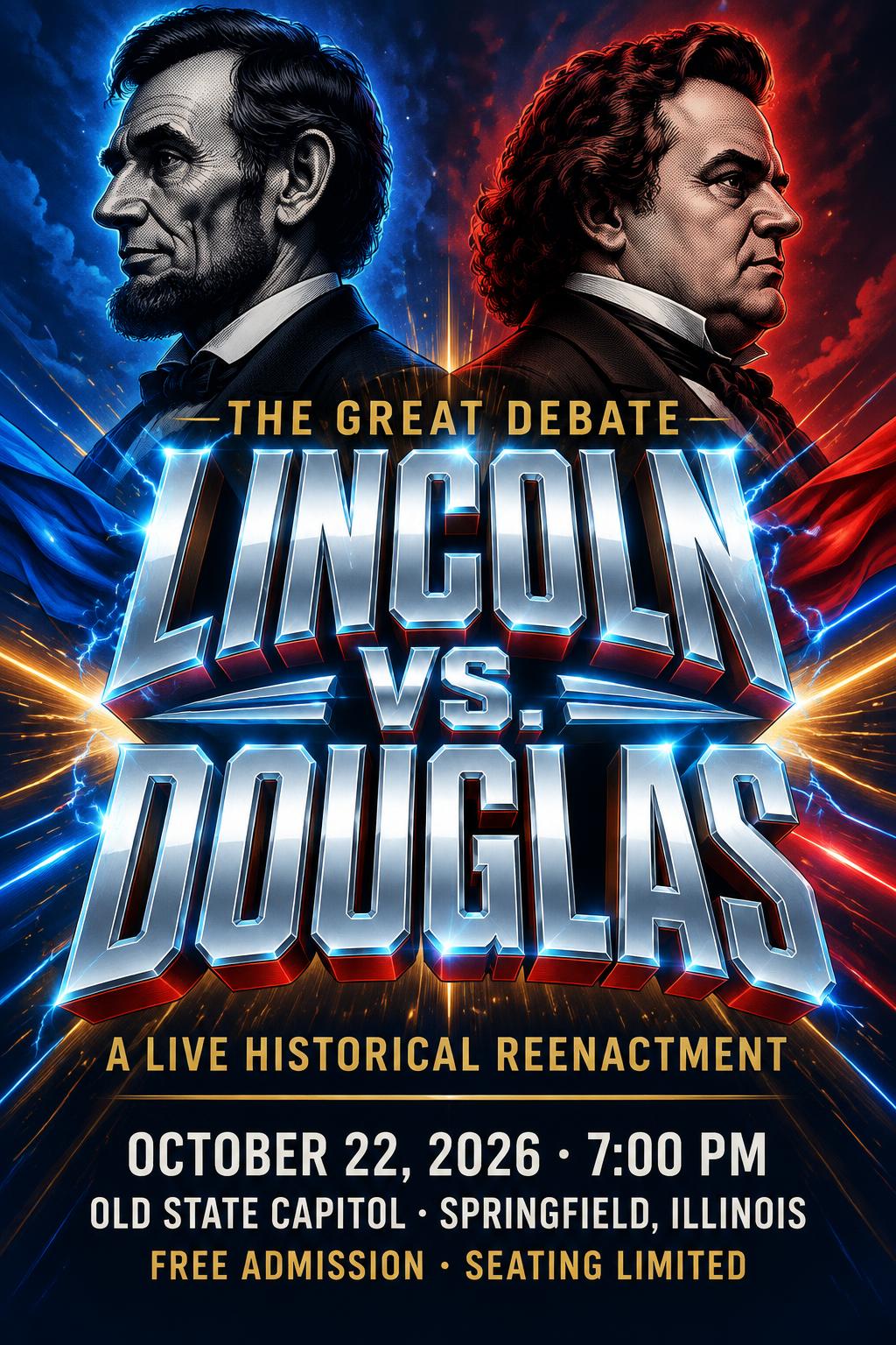Lincoln vs. Douglas
THE GREAT DEBATE
A LIVE HISTORICAL REENACTMENT
OCTOBER 22, 2026 · 7:00 PM
OLD STATE CAPITOL · SPRINGFIELD, ILLINOIS
FREE ADMISSION · SEATING LIMITED