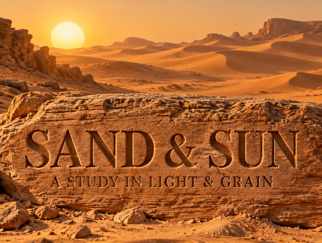 "SAND & SUN
A STUDY IN LIGHT & GRAIN" — Sand Stone text effect