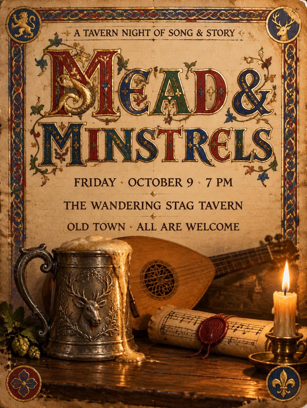"MEAD &
MINSTRELS
A TAVERN NIGHT OF SONG & STORY
FRIDAY · OCTOBER 9 · 7 PM
THE WANDERING STAG TAVERN
OLD TOWN · ALL ARE WELCOME" — Medieval | AI Text Effect Generator