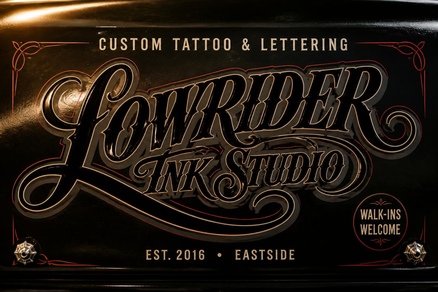 "LOWRIDER
INK STUDIO
CUSTOM TATTOO & LETTERING
EST. 2016  •  EASTSIDE
WALK-INS WELCOME" — Chicano | AI Text Effect Generator