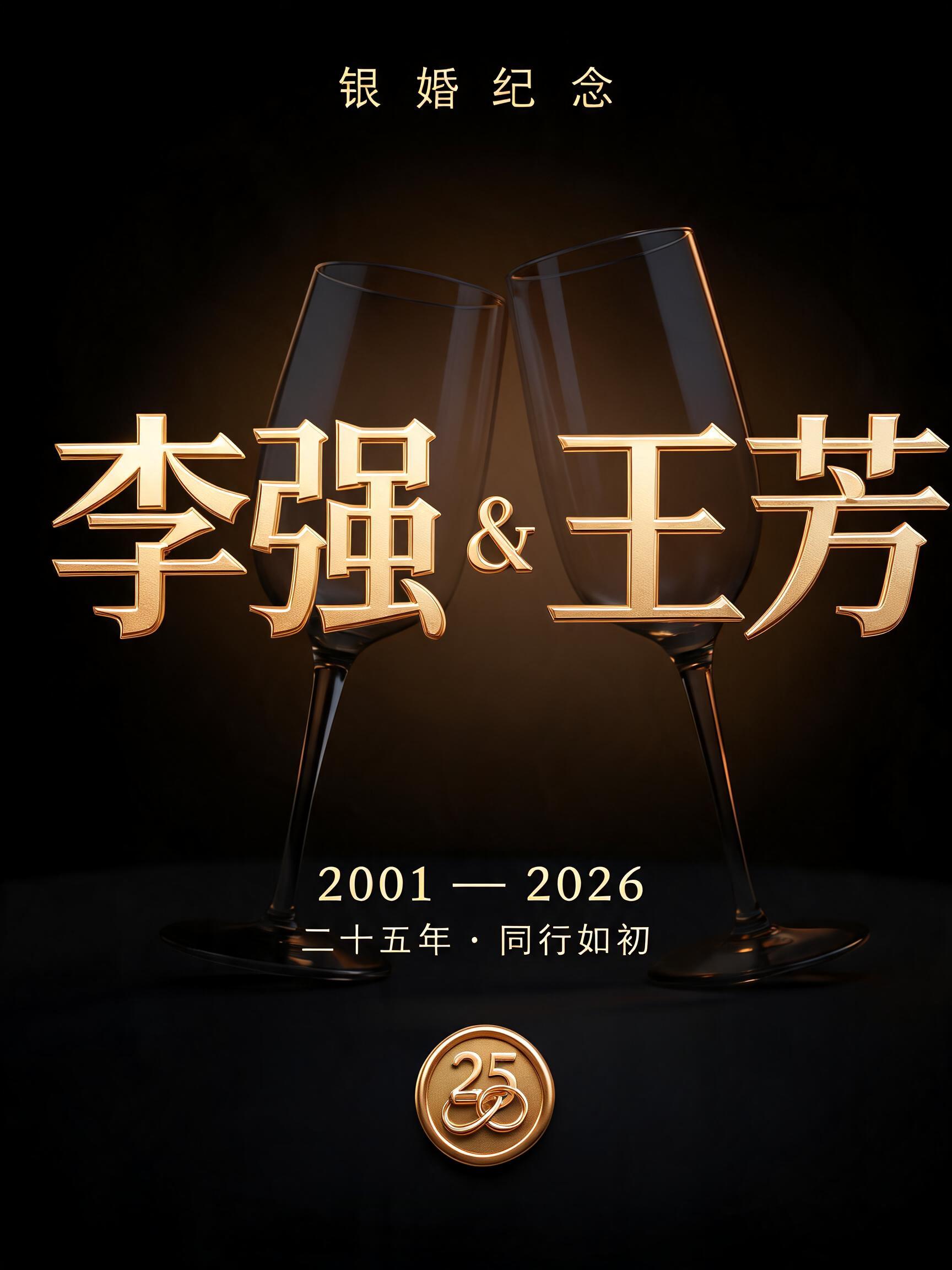 "李强 & 王芳
银婚纪念
2001 — 2026
二十五年 · 同行如初
25" — 3d Bold Gold | AI Text Effect Generator