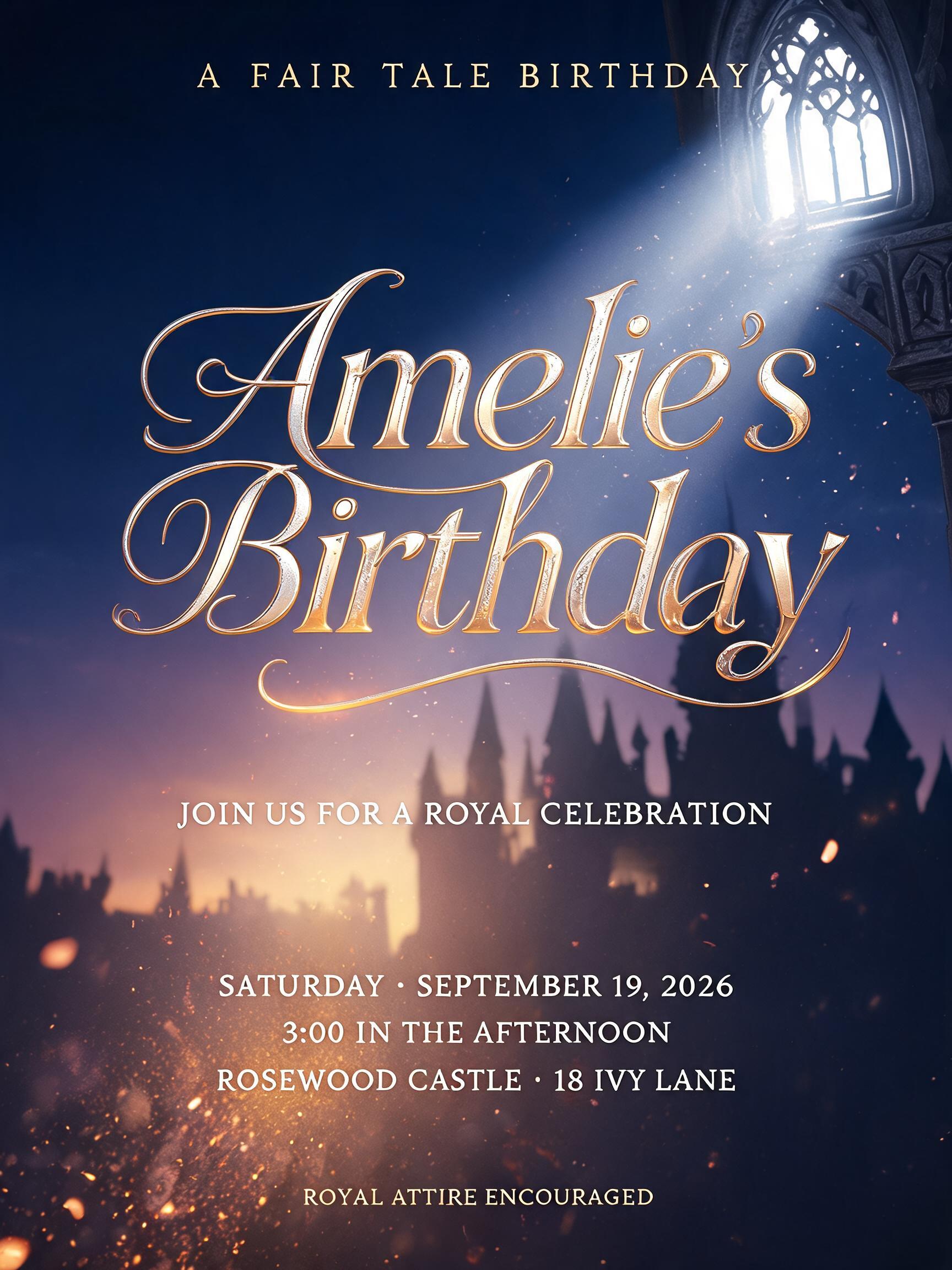 "Amelie’s
Birthday
A FAIRY TALE BIRTHDAY
JOIN US FOR A ROYAL CELEBRATION
SATURDAY · SEPTEMBER 19, 2026
3:00 IN THE AFTERNOON
ROSEWOOD CASTLE · 18 IVY LANE
ROYAL ATTIRE ENCOURAGED" — Fairy Tale | AI Text Effect Generator