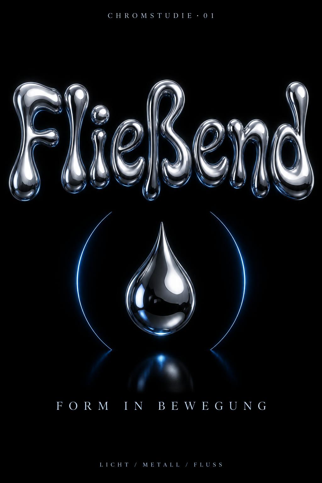"Fließend
FORM IN BEWEGUNG
CHROMSTUDIE · 01
LICHT / METALL / FLUSS" — Chrome Metal 3d | AI Text Effect Generator