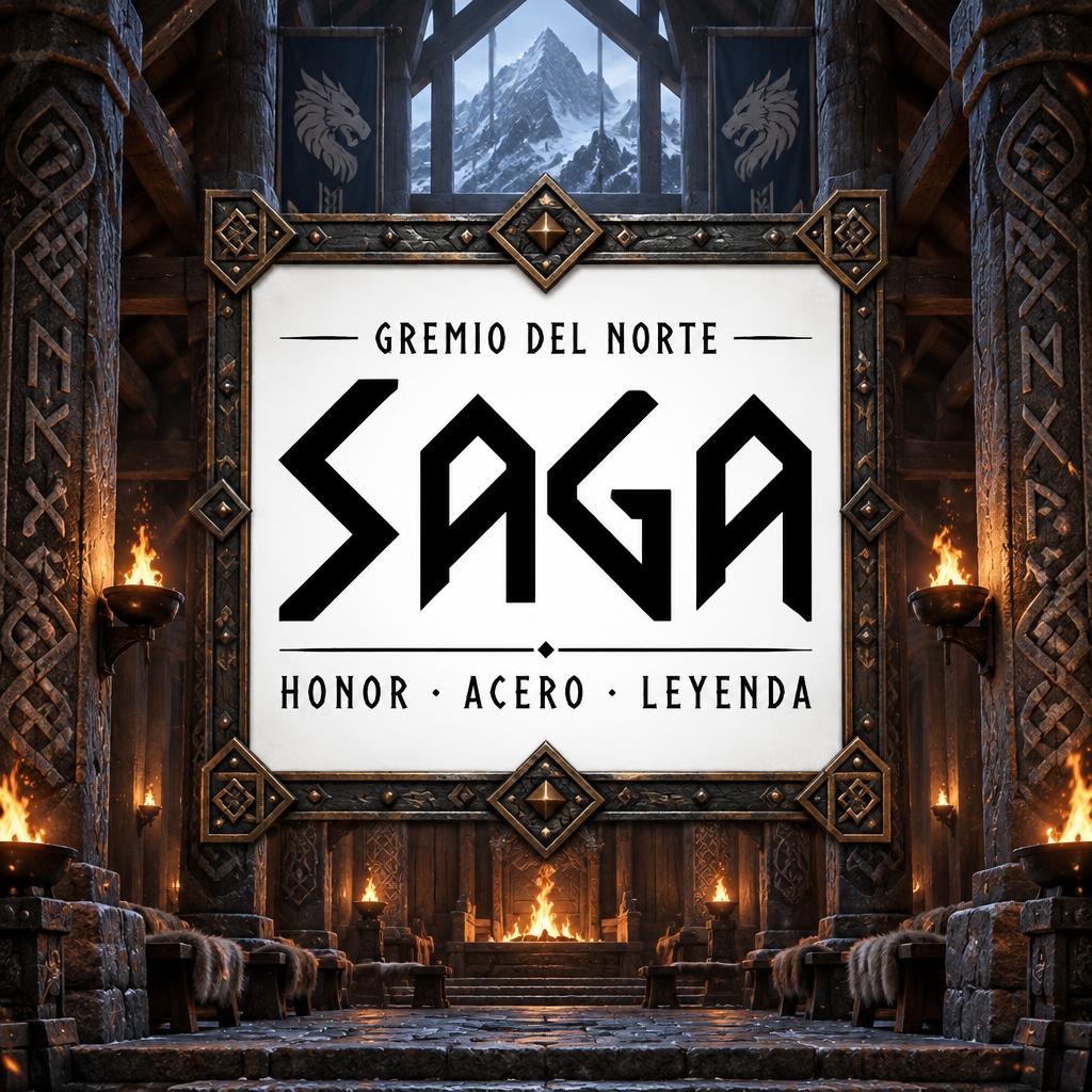 "SAGA
GREMIO DEL NORTE
HONOR · ACERO · LEYENDA" — Viking | AI Text Effect Generator