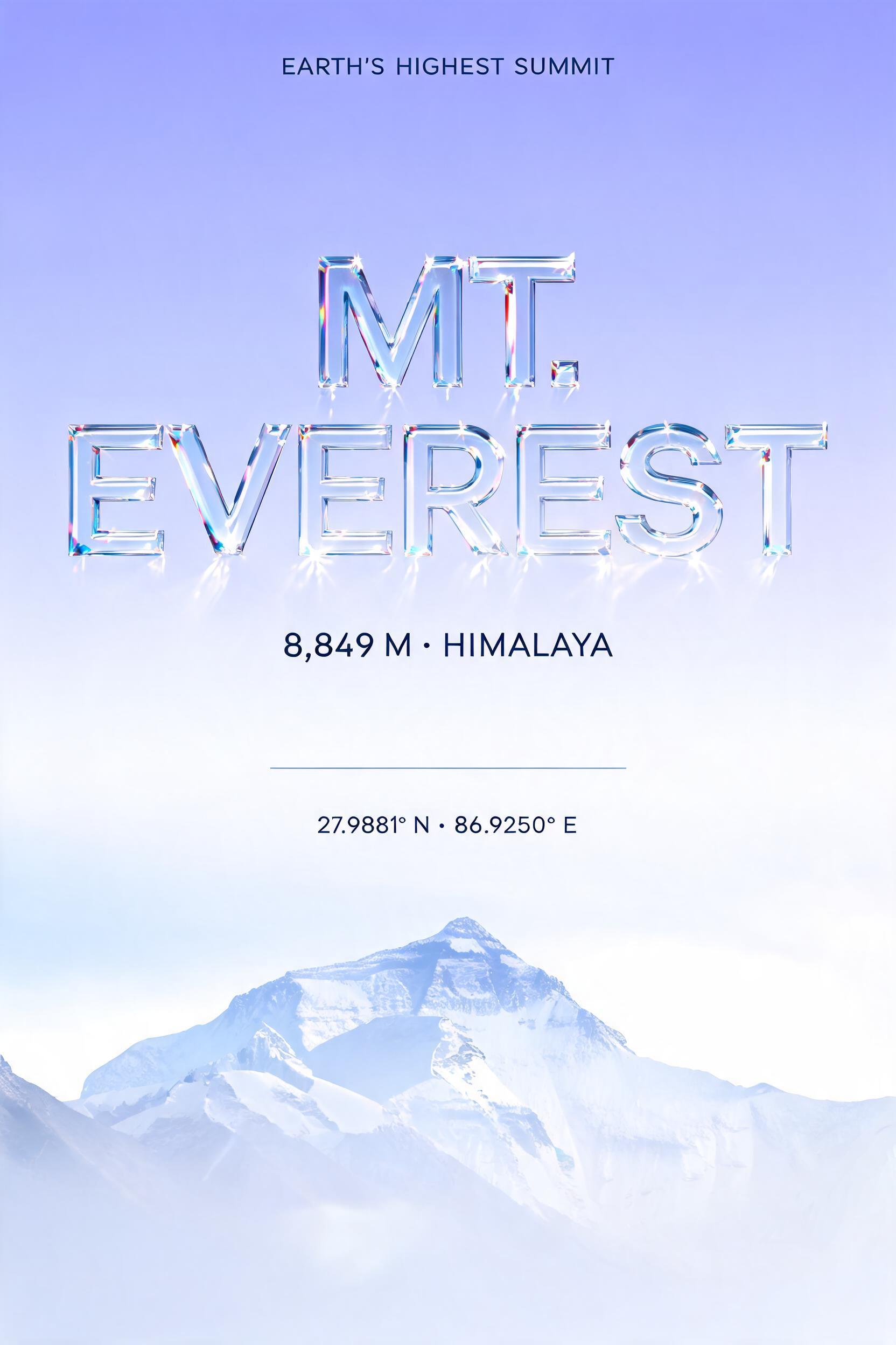 "MT.
EVEREST
EARTH’S HIGHEST SUMMIT
8,849 M · HIMALAYA
27.9881° N · 86.9250° E" — Glass | AI Text Effect Generator