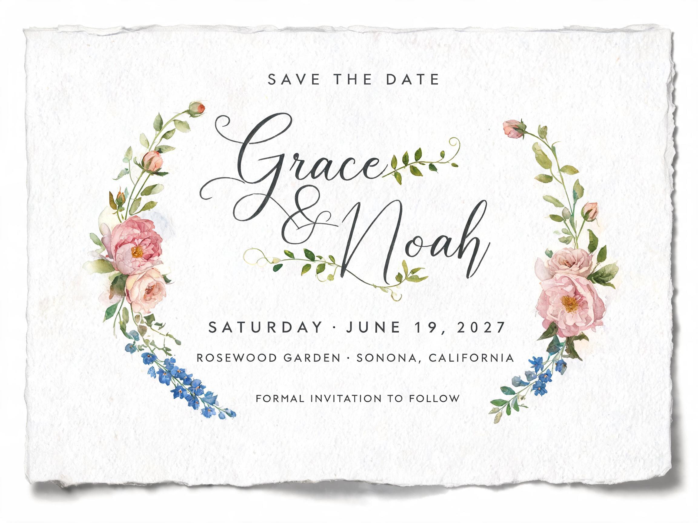 "Can you do a save-the-date for the garden wedding of Grace & Noah" — Watercolor | AI Text Effect Generator