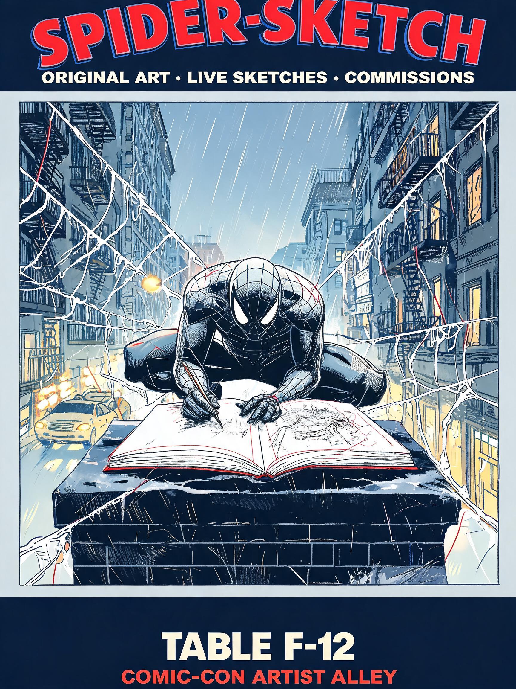 "Design a comic-con table sign for the artist Spider-Sketch" — Spider Hero text effect