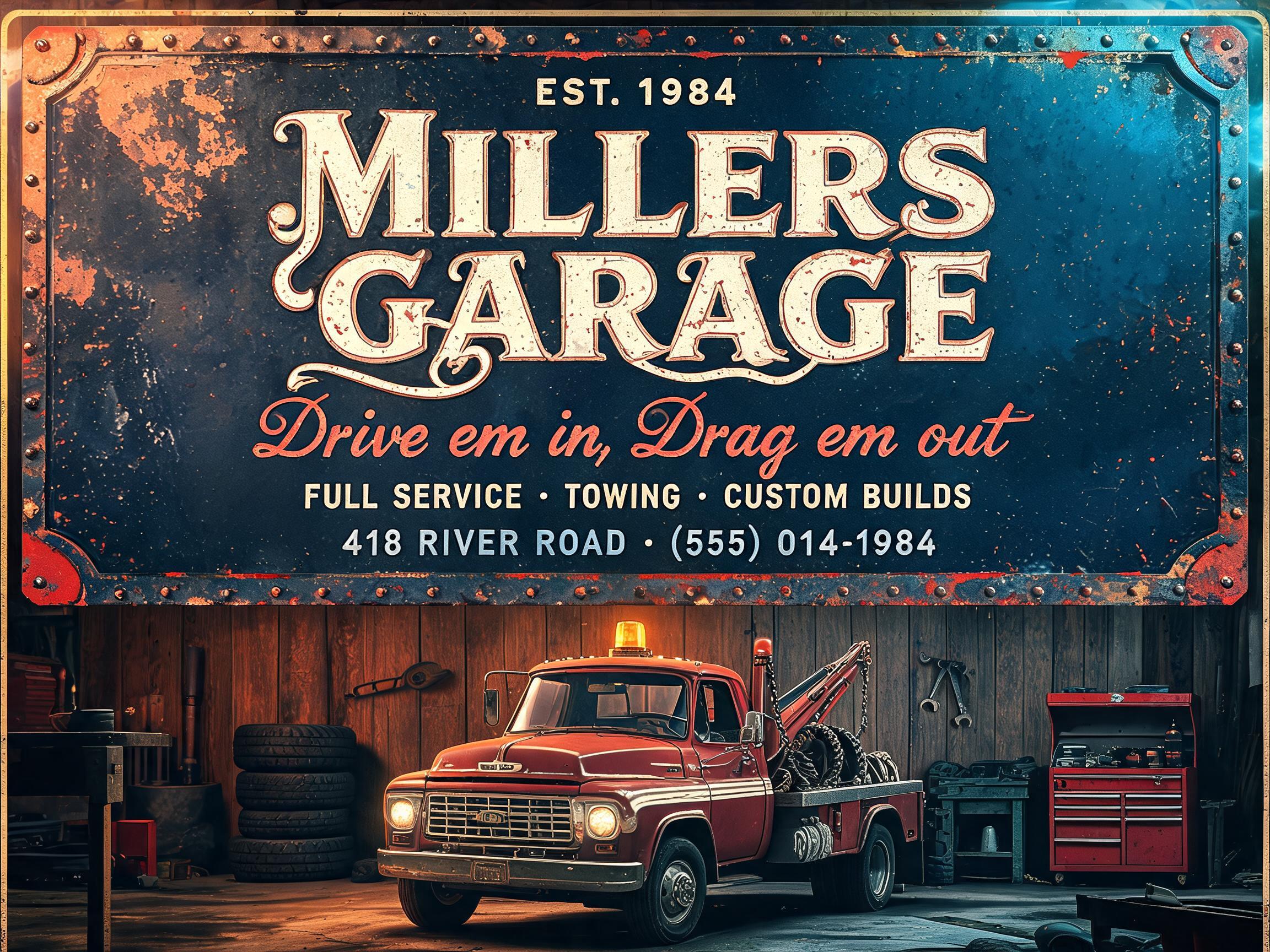 "MILLERS
GARAGE
Drive em in, Drag em out
EST. 1984
FULL SERVICE • TOWING • CUSTOM BUILDS
418 RIVER ROAD • (555) 014-1984" — Vintage text effect
