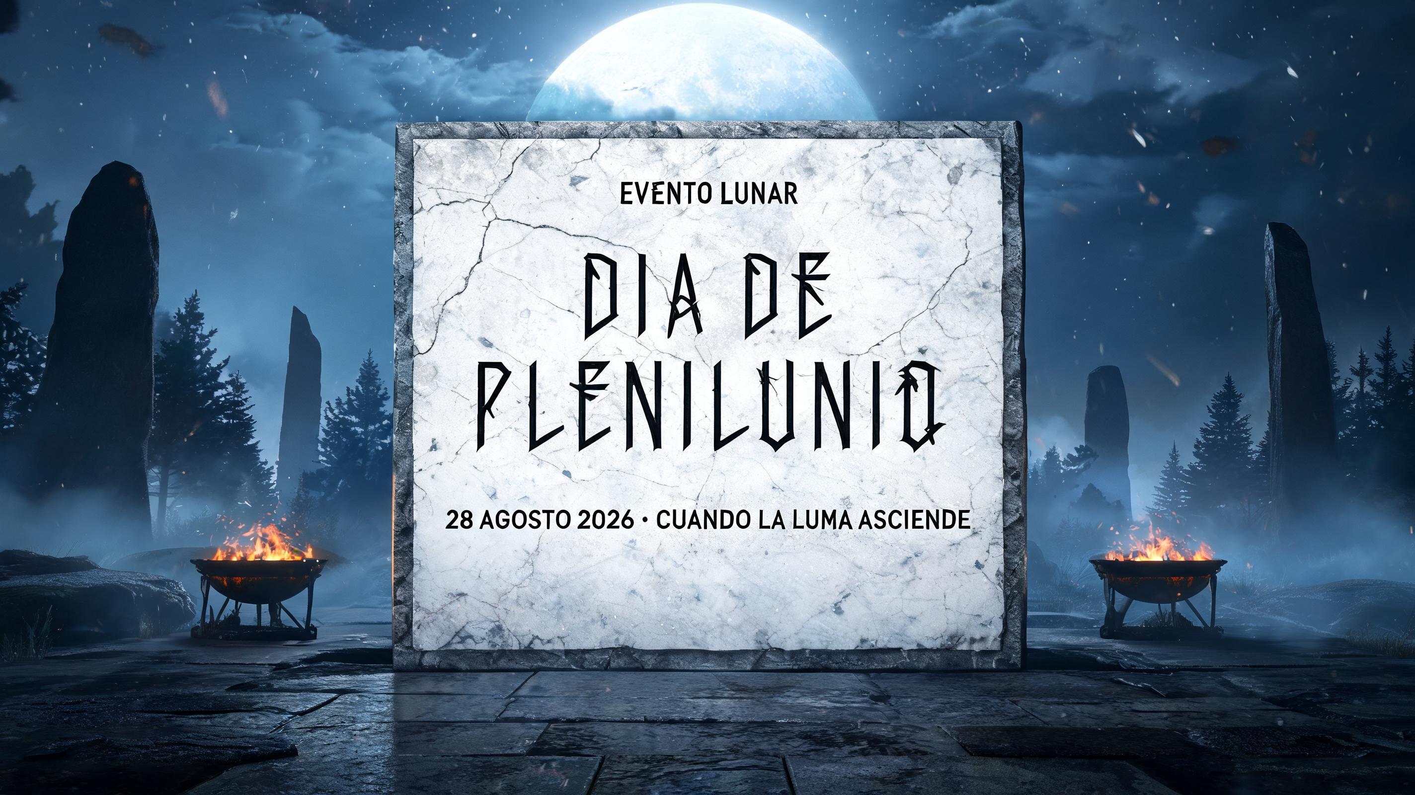 "DIA DE PLENILUNIO
EVENTO LUNAR
28 AGOSTO 2026 · CUANDO LA LUNA ASCIENDE" — Viking | AI Text Effect Generator