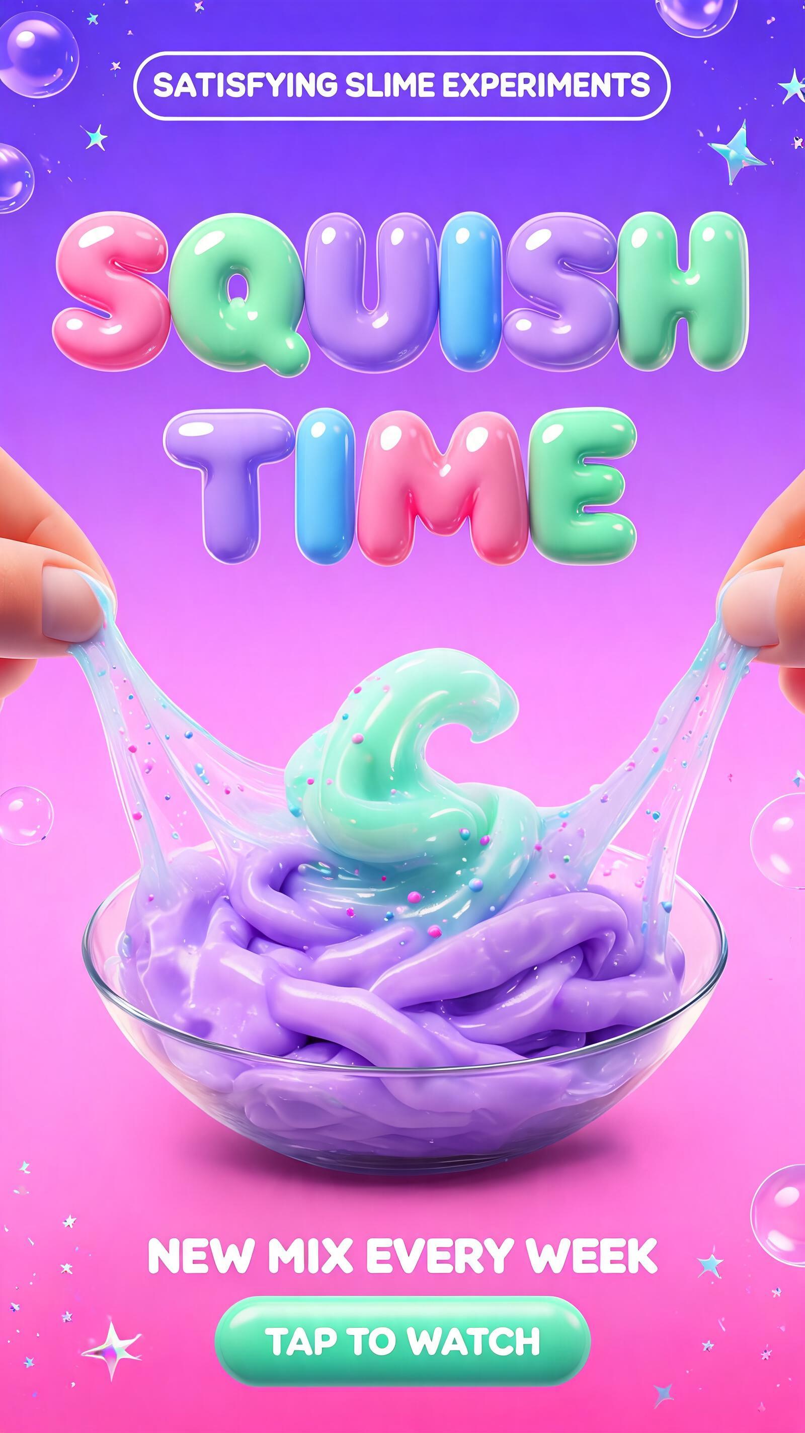 "SQUISH TIME
SATISFYING SLIME EXPERIMENTS
NEW MIX EVERY WEEK
TAP TO WATCH" — 3d Bold Inflated | AI Text Effect Generator