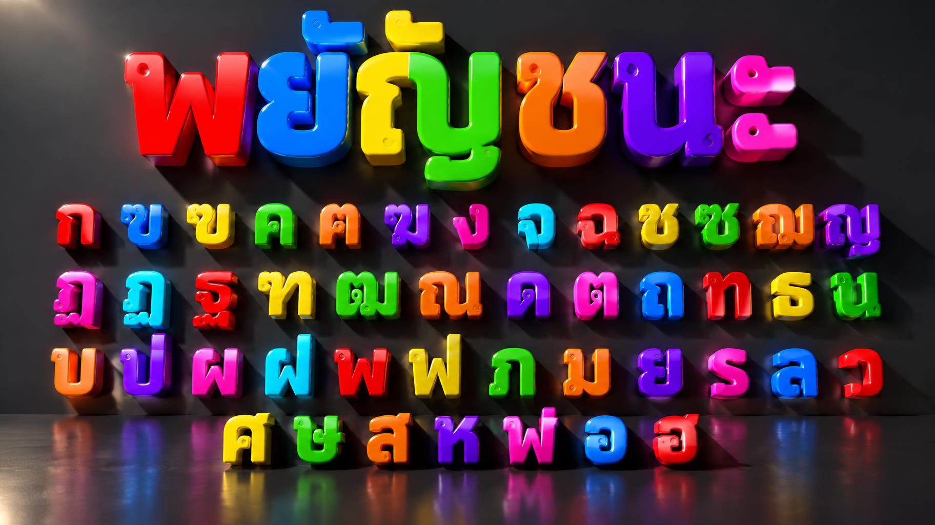 "พยัญชนะ
ก ข ฃ ค ฅ ฆ ง จ ฉ ช ซ ฌ ญ ฎ ฏ ฐ ฑ ฒ ณ ด ต ถ ท ธ น บ ป ผ ฝ พ ฟ ภ ม ย ร ล ว ศ ษ ส ห ฬ อ ฮ" — 3d Bold | AI Text Effect Generator