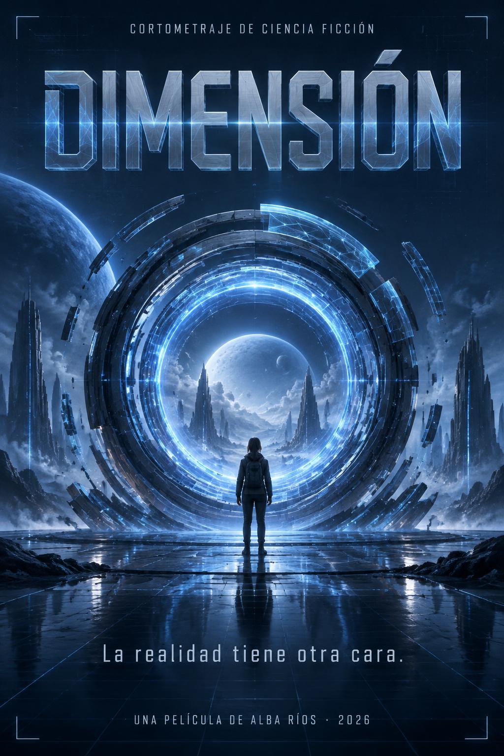 "DIMENSIÓN
La realidad tiene otra cara.
CORTOMETRAJE DE CIENCIA FICCIÓN
UNA PELÍCULA DE ALBA RÍOS · 2026" — Futuristic | AI Text Effect Generator