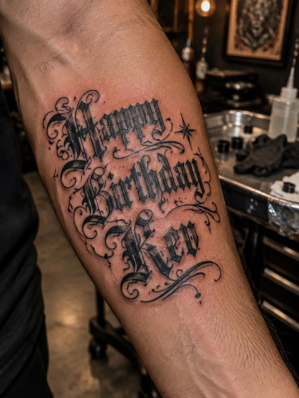"Happy Birthday Kev" — Tattoo | AI Text Effect Generator