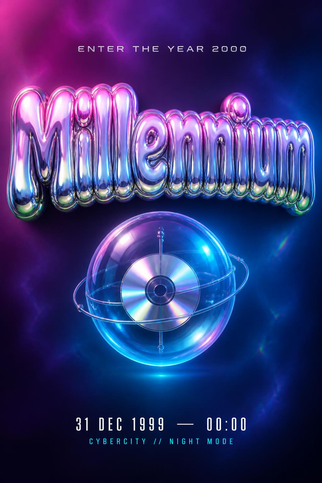 "Millennium
ENTER THE YEAR 2000
31 DEC 1999  —  00:00
CYBERCITY // NIGHT MODE" — Y2k | AI Text Effect Generator