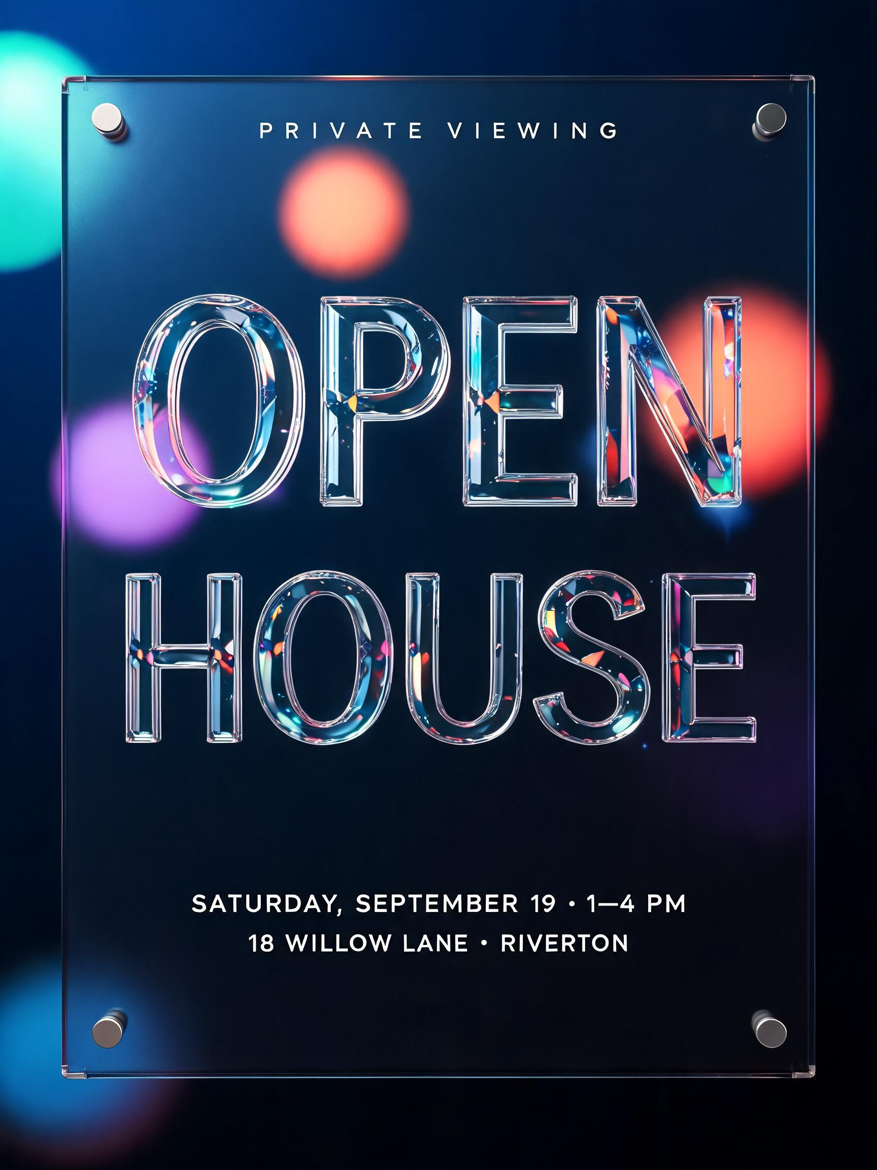 "OPEN
HOUSE
PRIVATE VIEWING
SATURDAY, SEPTEMBER 19 · 1–4 PM
18 WILLOW LANE · RIVERTON" — Glass Morphism | AI Text Effect Generator