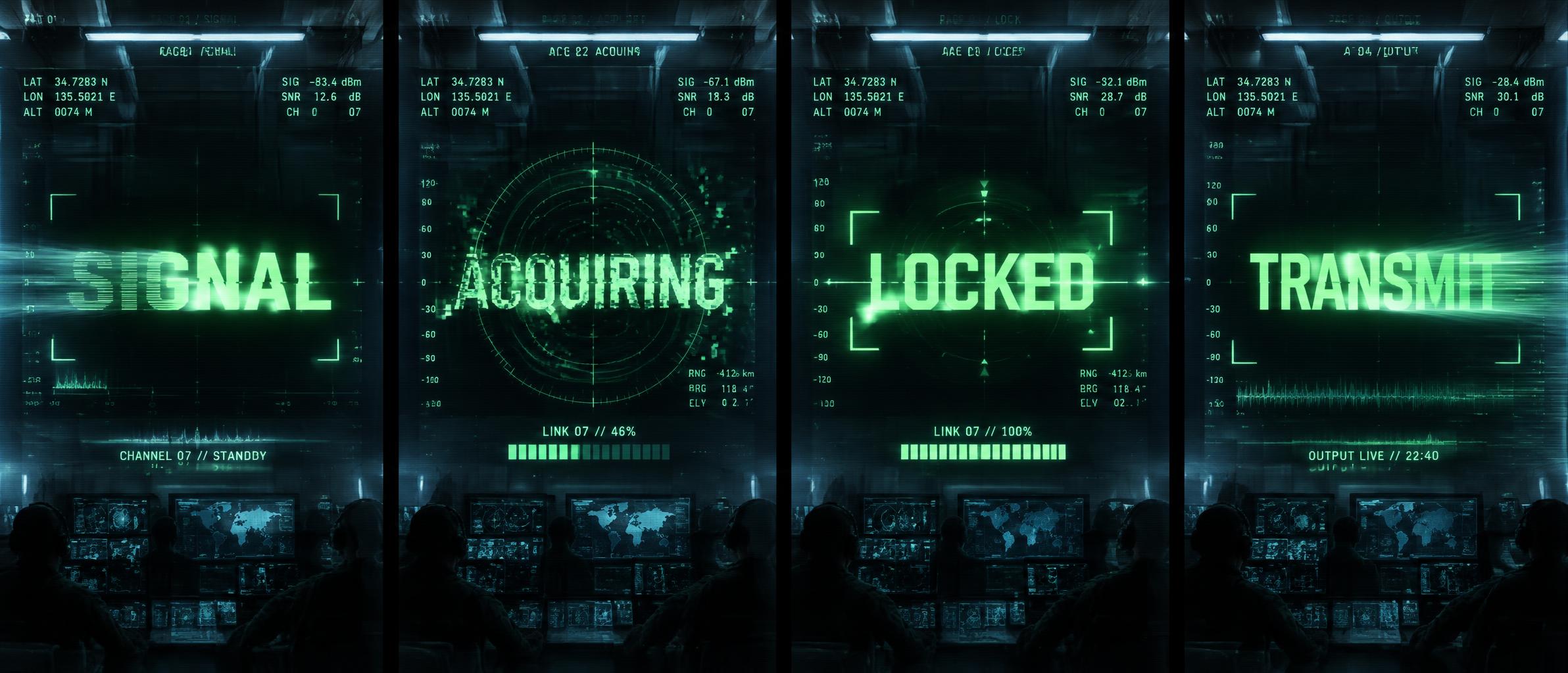 "SIGNAL
CHANNEL 07 // STANDBY
ACQUIRING
LINK 07 // 46%
LOCKED
LINK 07 // 100%
TRANSMIT
OUTPUT LIVE // 22:40
PAGE 01 / SIGNAL
PAGE 02 / ACQUIRE
PAGE 03 / LOCK
PAGE 04 / OUTPUT" — Cyberpunk Tech Hud | AI Text Effect Generator
