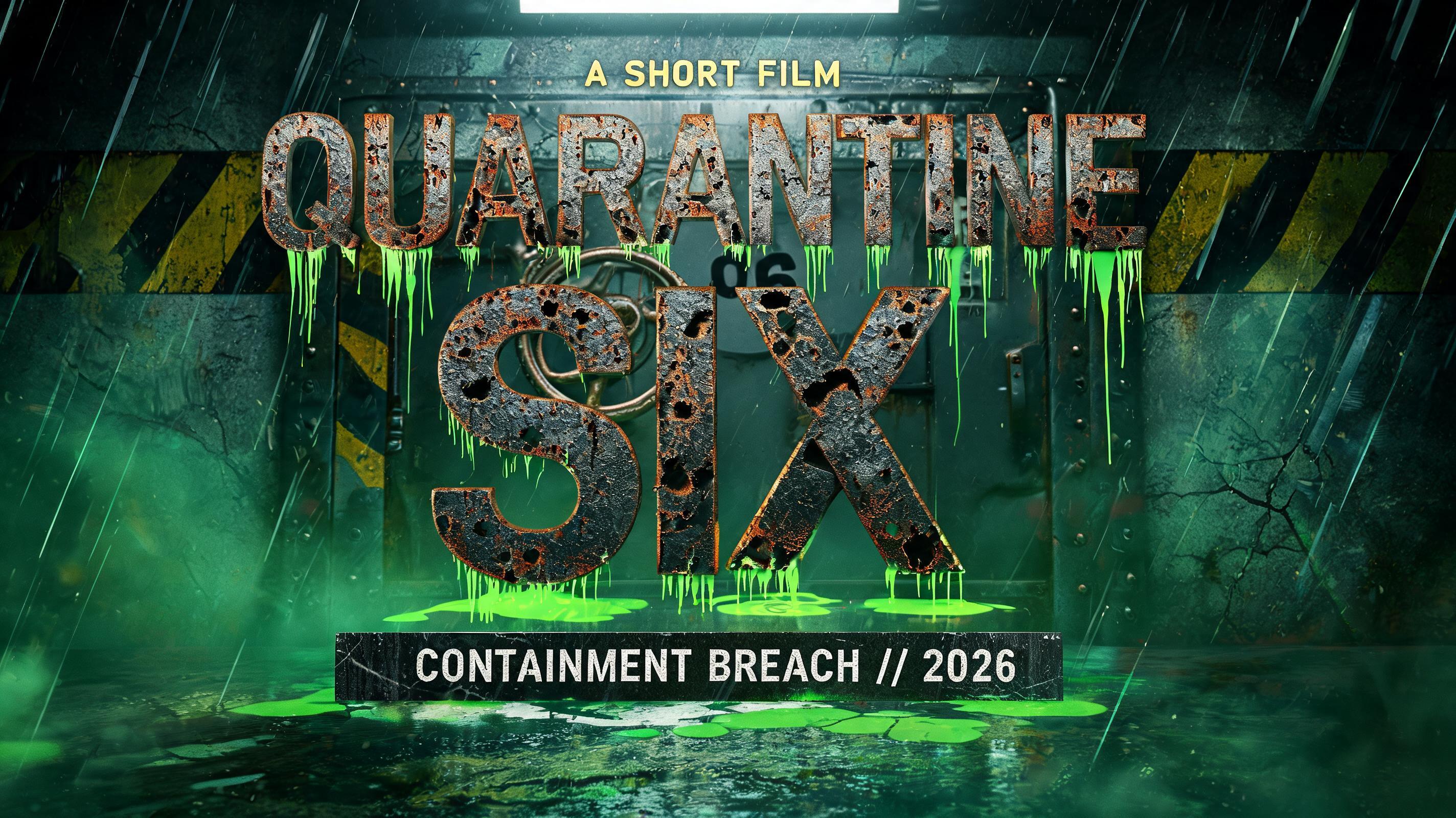 "QUARANTINE
SIX
A SHORT FILM
CONTAINMENT BREACH // 2026" — Cyberpunk Acid Rain text effect